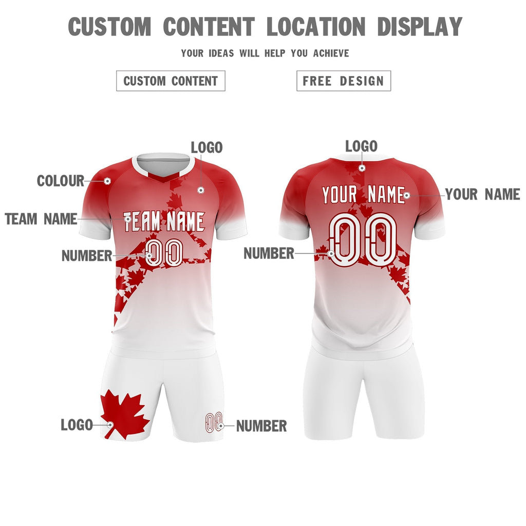 Custom Red White Canada Maple Leaves World Cup Inspired Lightweight Gradient Fashion Soccer Sets Jersey