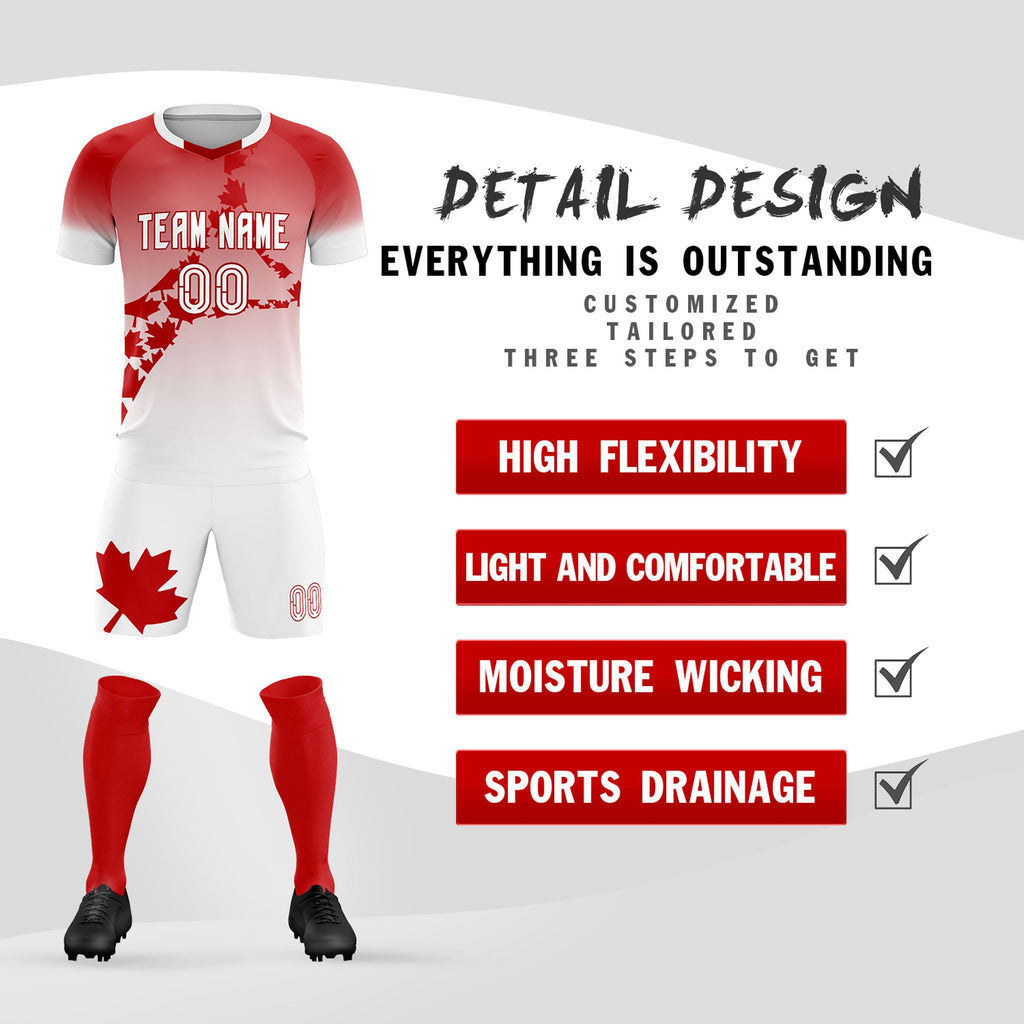 Custom Red White Canada Maple Leaves World Cup Inspired Lightweight Gradient Fashion Soccer Sets Jersey