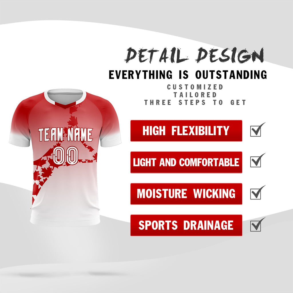 Custom Red White Canada Maple Leaves World Cup Inspired Lightweight Gradient Fashion Soccer Sets Jersey