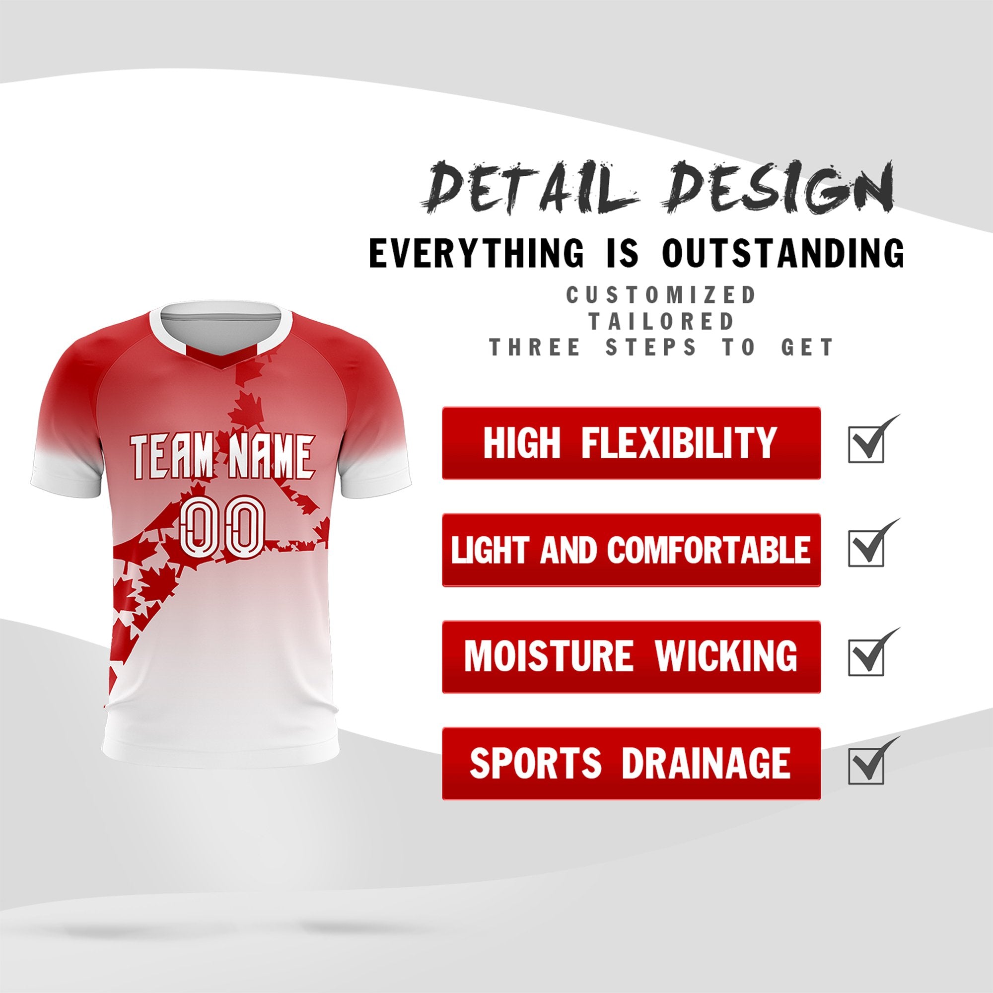 Custom Red White Canada Maple Leaves World Cup Inspired Lightweight Gradient Fashion Soccer Sets Jersey
