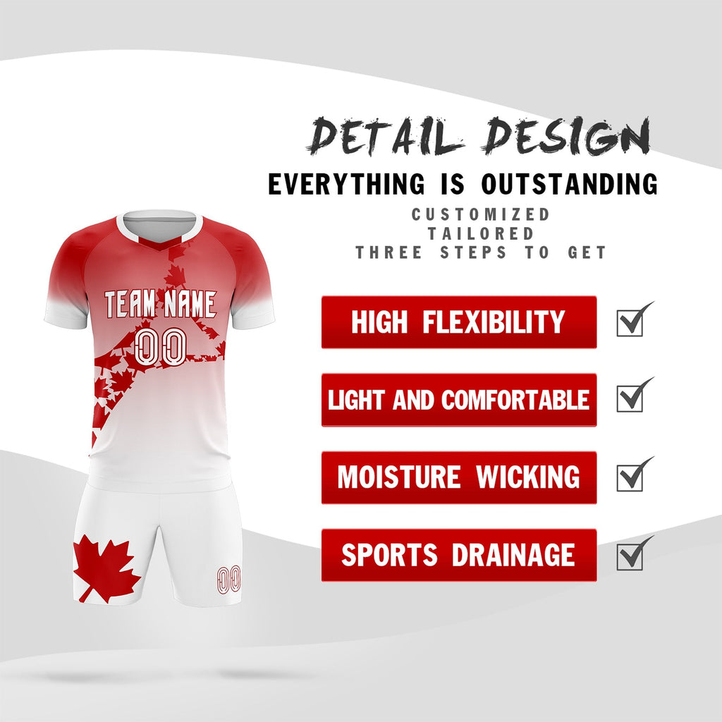 Custom Red White Canada Maple Leaves World Cup Inspired Lightweight Gradient Fashion Soccer Sets Jersey