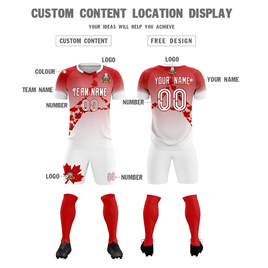 Custom Red White Canada Maple Leaves World Cup Inspired Lightweight Gradient Fashion Soccer Sets Jersey