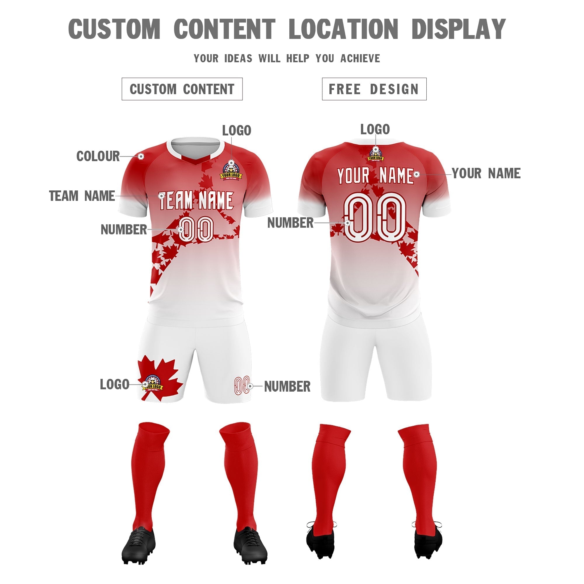 Custom Red White Canada Maple Leaves World Cup Inspired Lightweight Gradient Fashion Soccer Sets Jersey