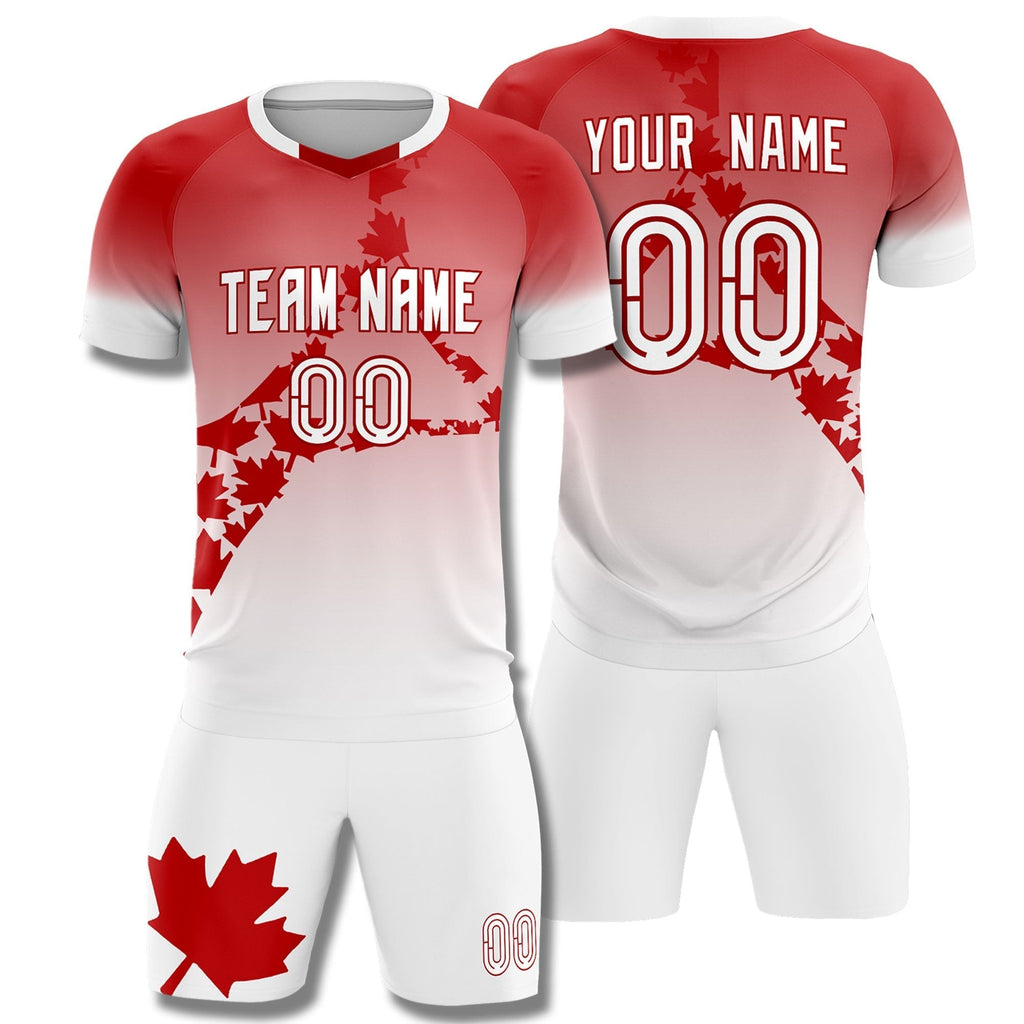 Custom Red White Canada Maple Leaves World Cup Inspired Lightweight Gradient Fashion Soccer Sets Jersey