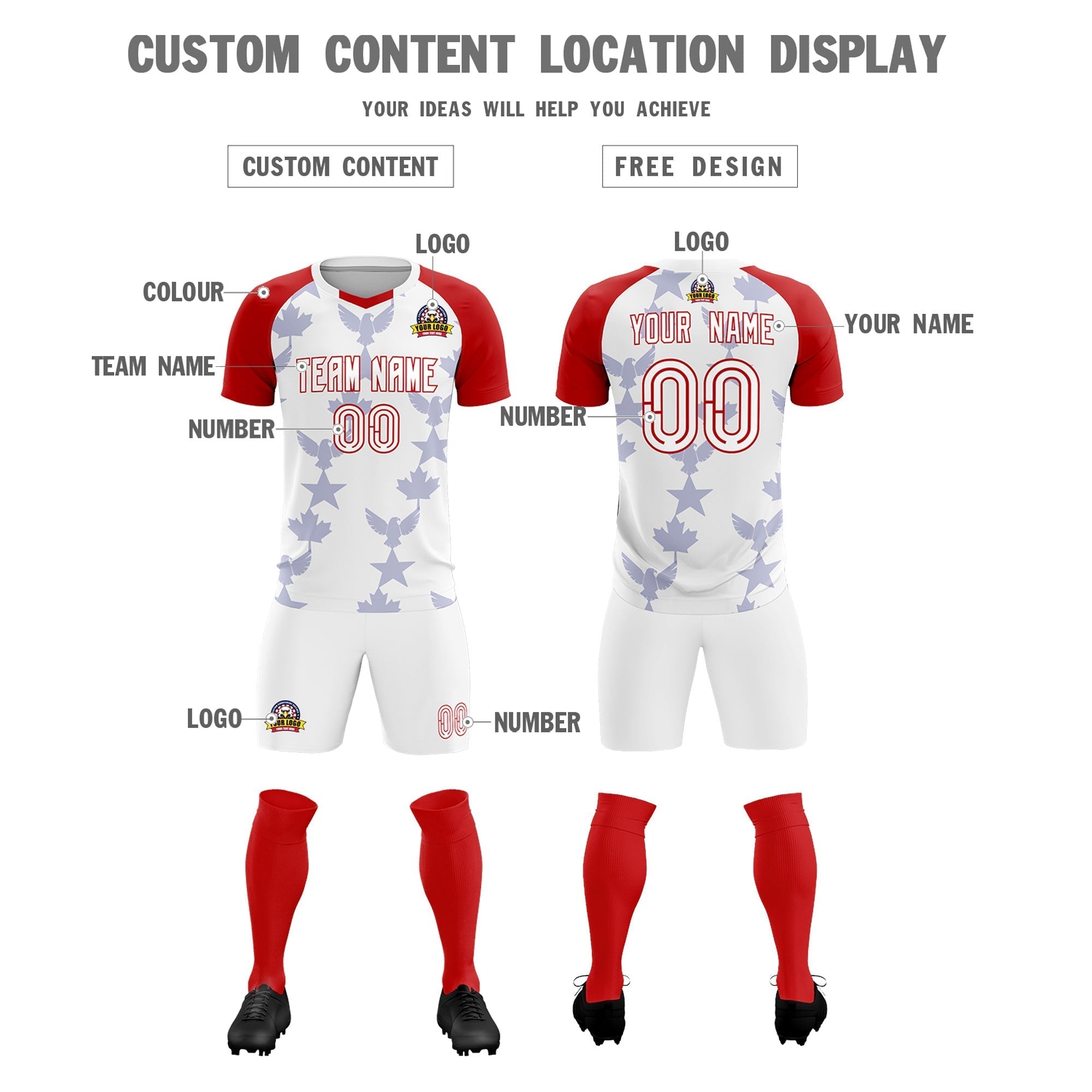 Custom Red White World Cup Inspired Wrinkle-Resistant Training Uniform Raglan Sleeve Soccer Sets Jersey