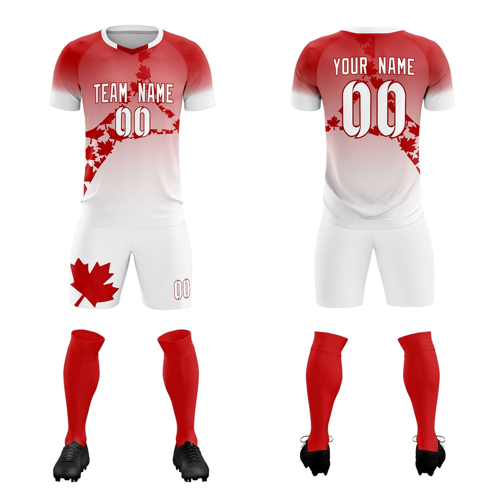 Custom Red White Canada Maple Leaves World Cup Inspired Lightweight Gradient Fashion Soccer Sets Jersey