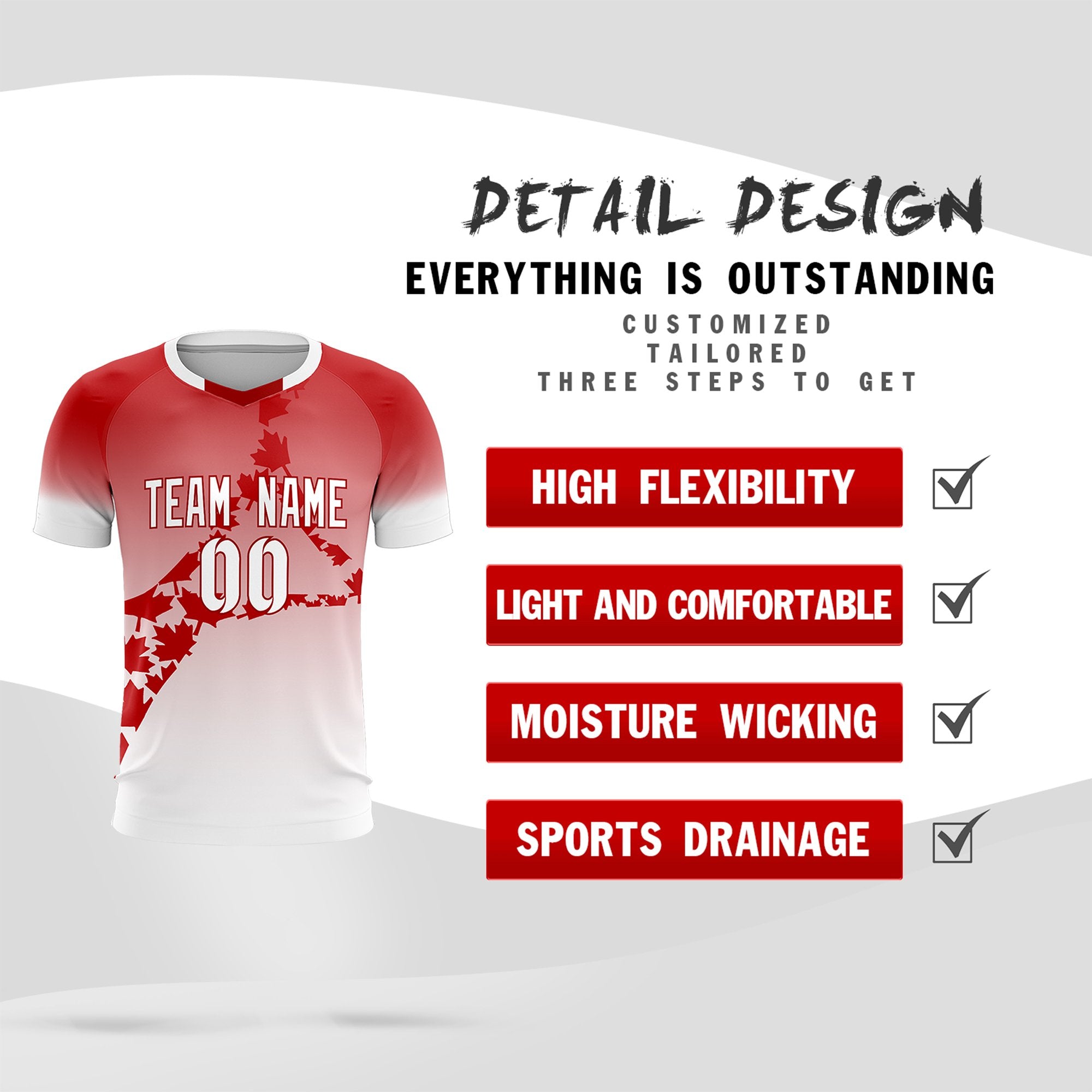 Custom Red White Canada Maple Leaves World Cup Inspired Lightweight Gradient Fashion Soccer Sets Jersey