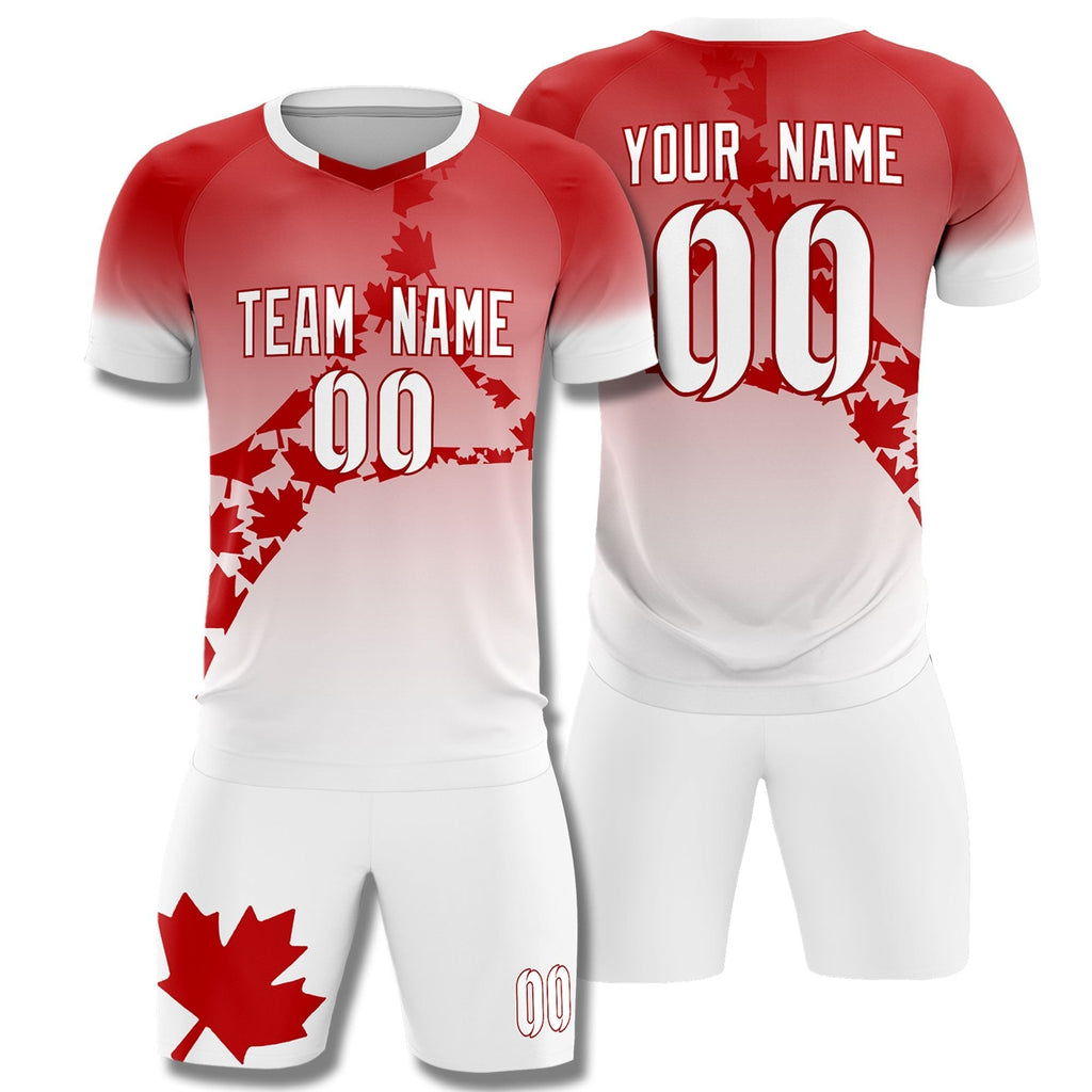 Custom Red White Canada Maple Leaves World Cup Inspired Lightweight Gradient Fashion Soccer Sets Jersey