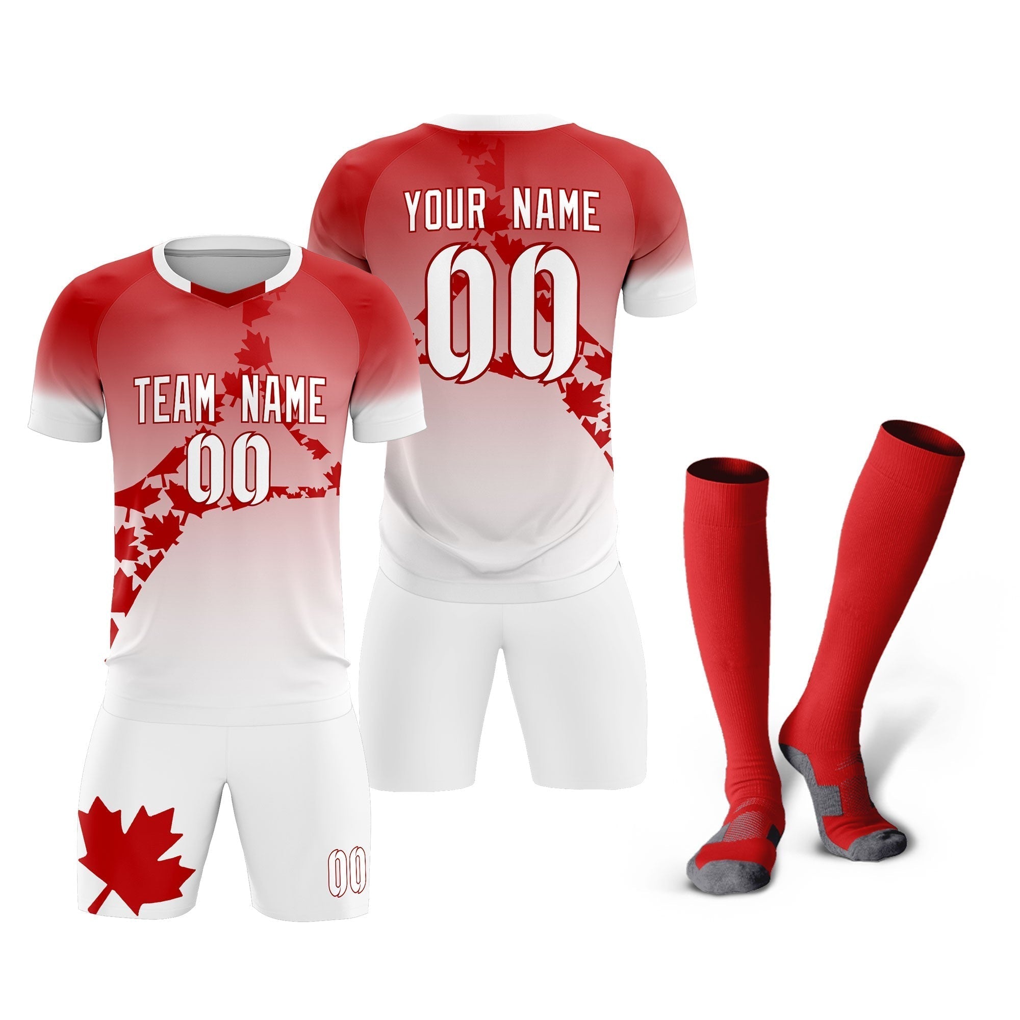 Custom Red White Canada Maple Leaves World Cup Inspired Lightweight Gradient Fashion Soccer Sets Jersey