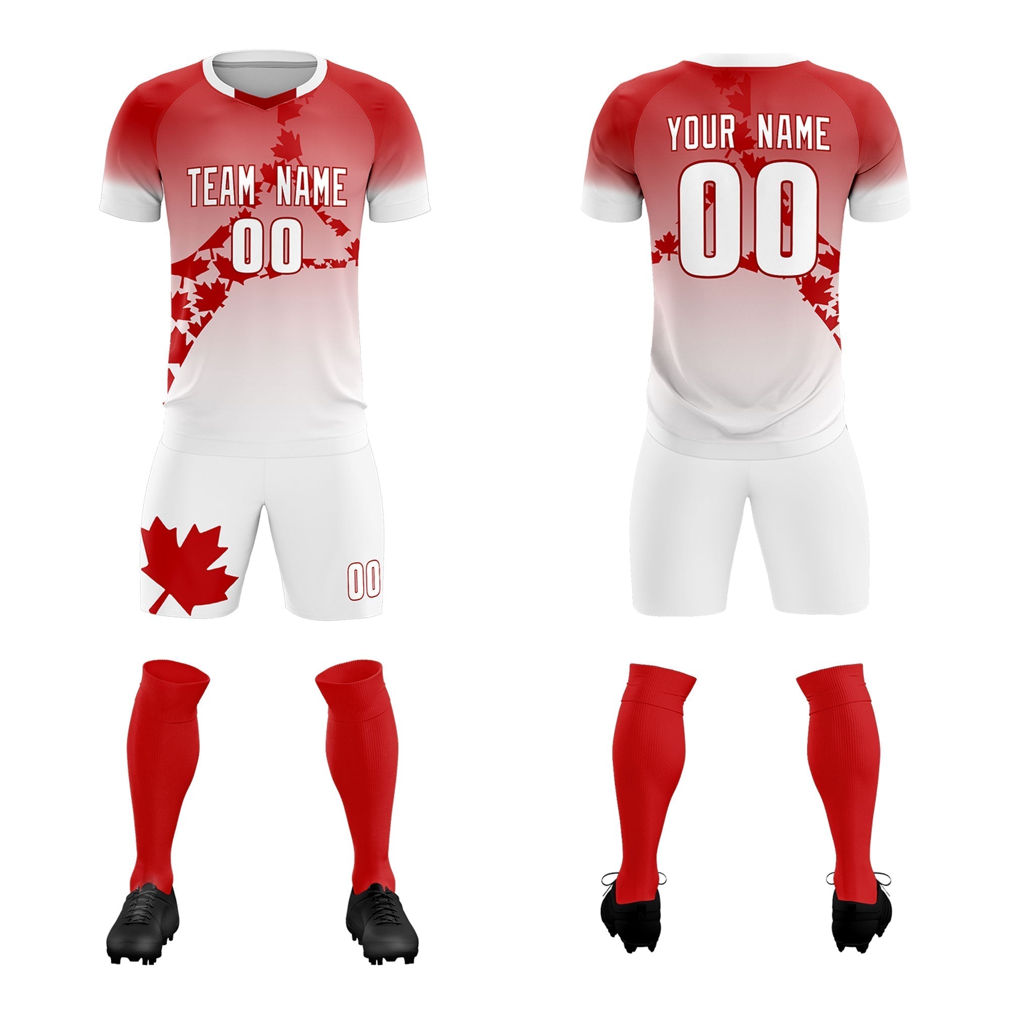 Custom Red White Canada Maple Leaves World Cup Inspired Lightweight Gradient Fashion Soccer Sets Jersey