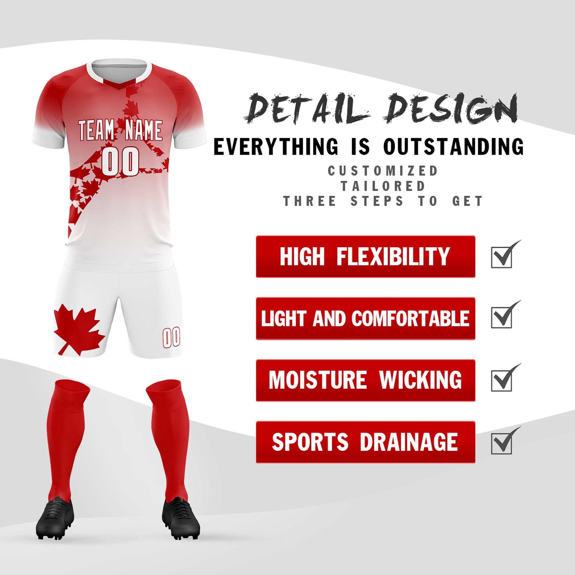 Custom Red White Canada Maple Leaves World Cup Inspired Lightweight Gradient Fashion Soccer Sets Jersey