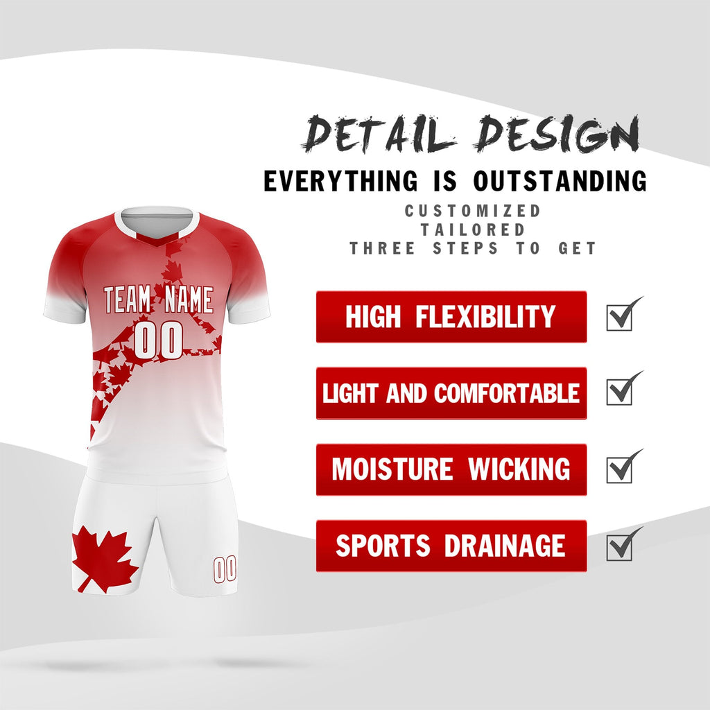 Custom Red White Canada Maple Leaves World Cup Inspired Lightweight Gradient Fashion Soccer Sets Jersey