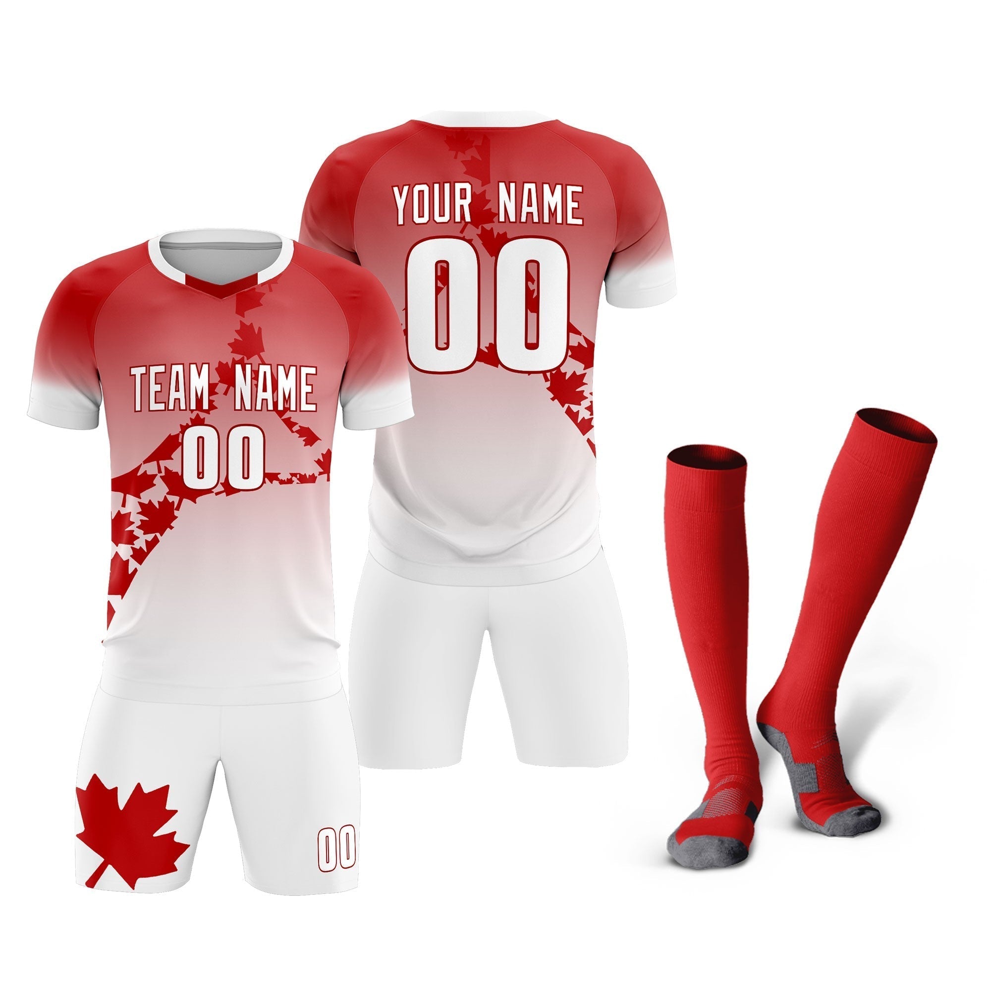 Custom Red White Canada Maple Leaves World Cup Inspired Lightweight Gradient Fashion Soccer Sets Jersey