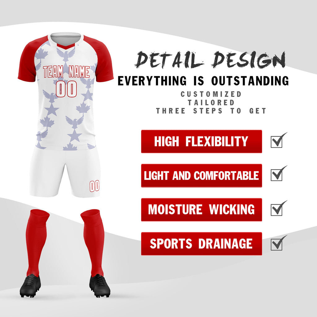 Custom Red White World Cup Inspired Wrinkle-Resistant Training Uniform Raglan Sleeve Soccer Sets Jersey