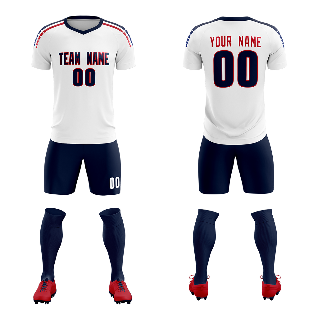 Custom white Striped Quick Dry Tops Soccer Sets Jersey