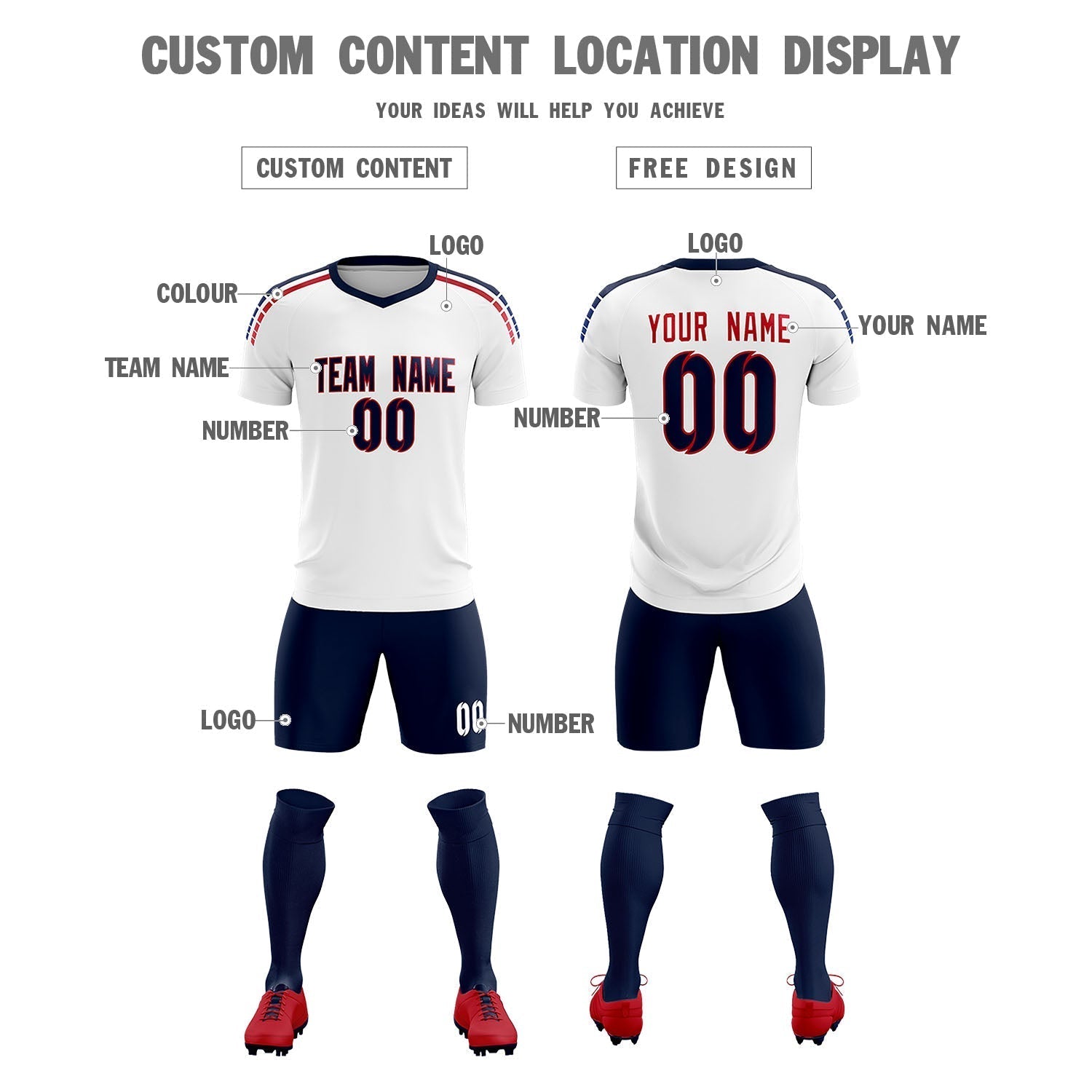 Custom white Striped Quick Dry Tops Soccer Sets Jersey