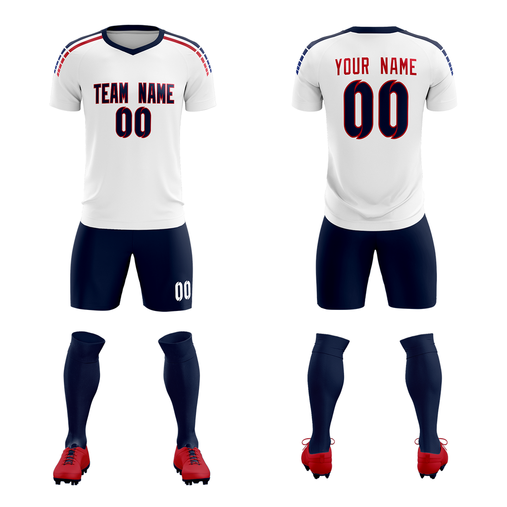 Custom white Striped Quick Dry Tops Soccer Sets Jersey