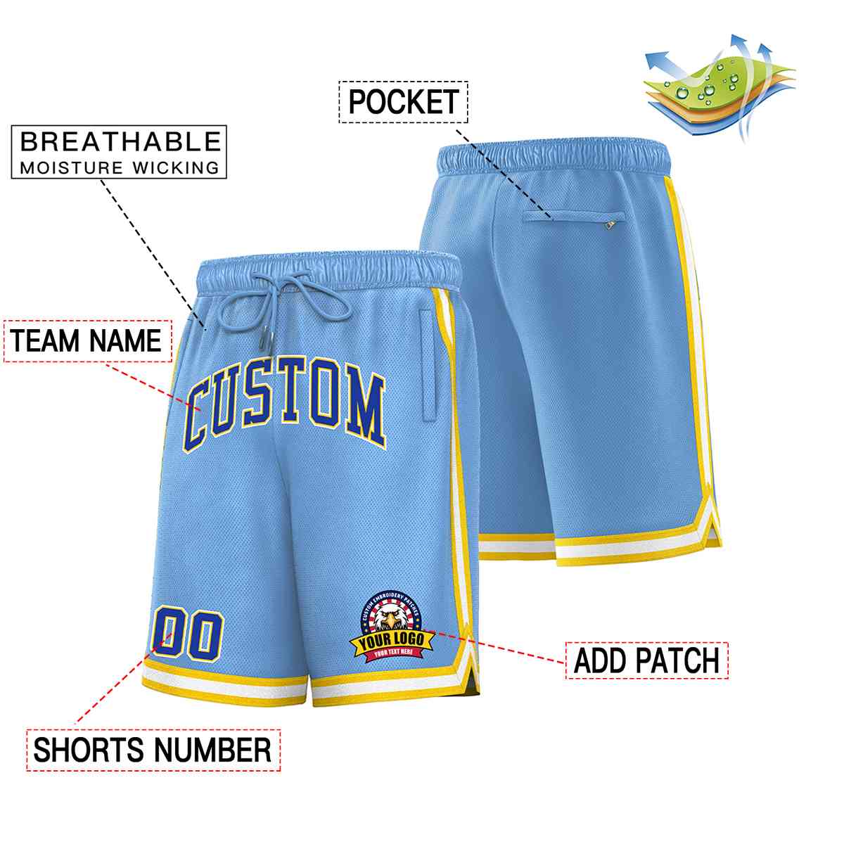 Custom Light Blue Royal-White Classic Style Basketball Mesh Shorts Secondary image