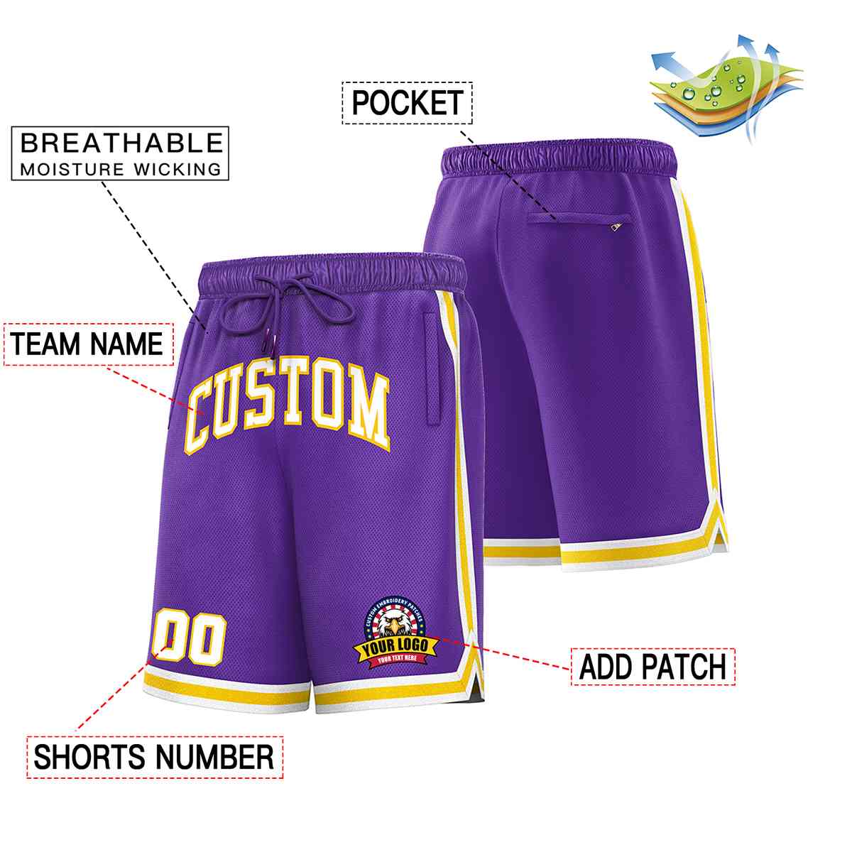 Custom Purple White-Gold Classic Style Basketball Mesh Shorts Secondary image