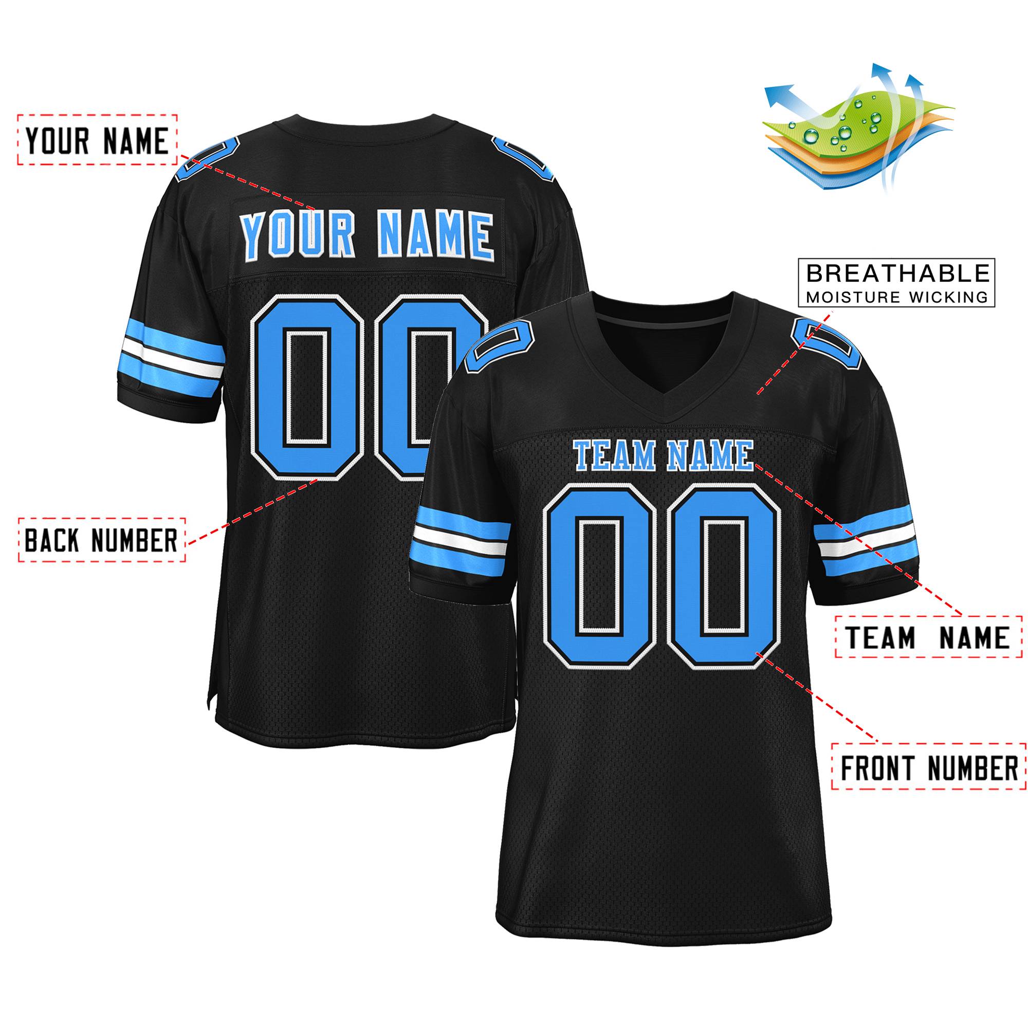 Custom Black Powder Blue-White Classic Style Mesh Authentic Football Jersey Secondary image