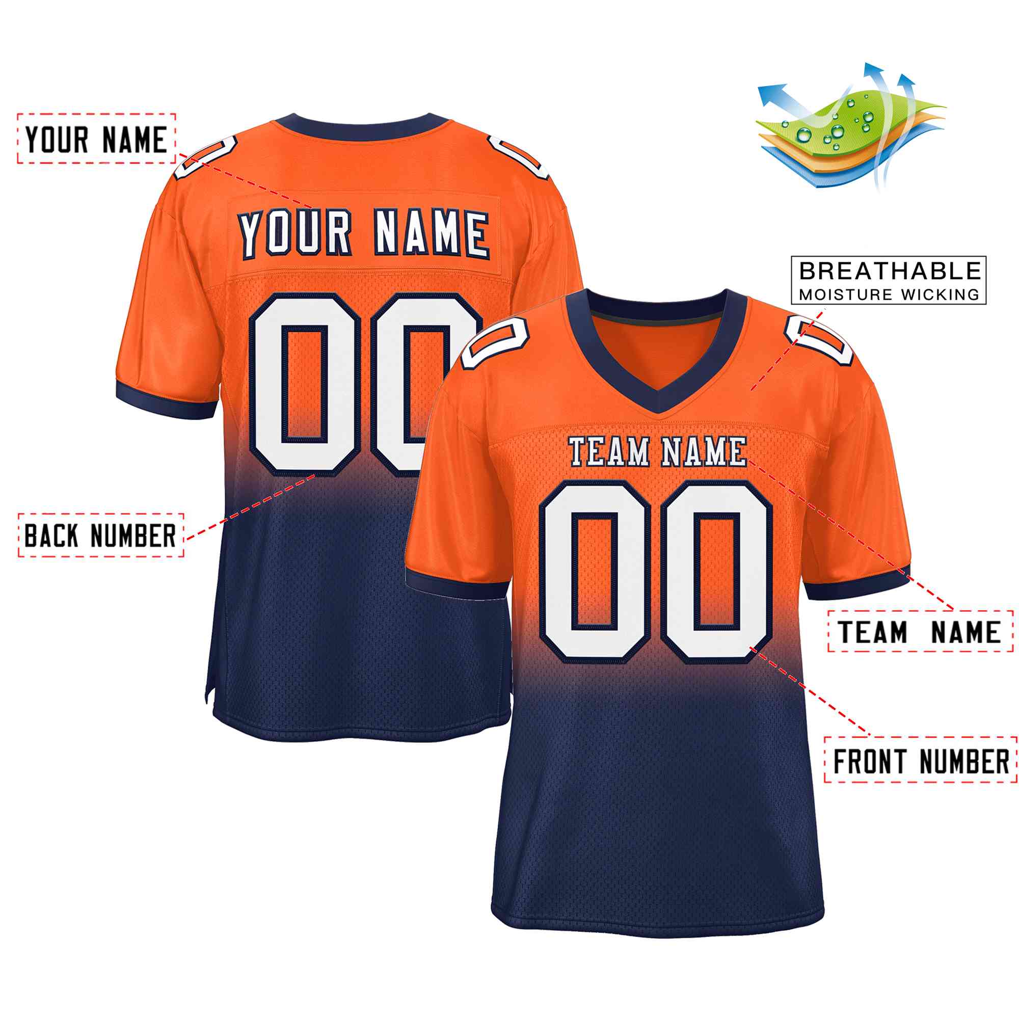 Custom Orange Navy-White Gradient Fashion Outdoor Authentic Football Jersey Secondary image