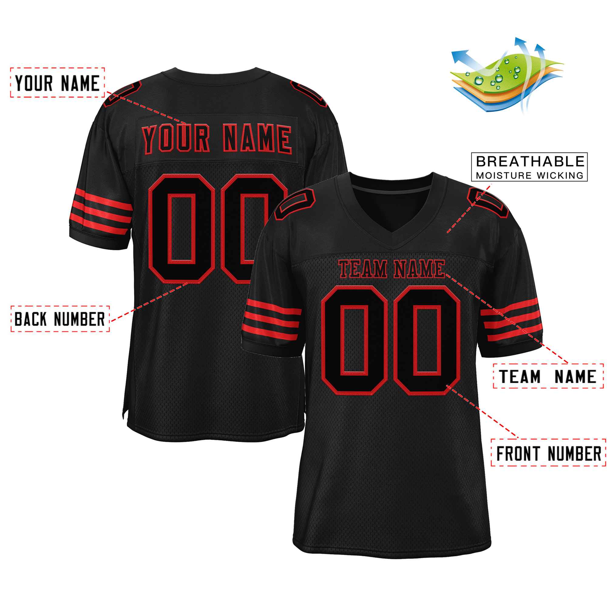 Custom Black Black-Red Classic Style Authentic Football Jersey Secondary image