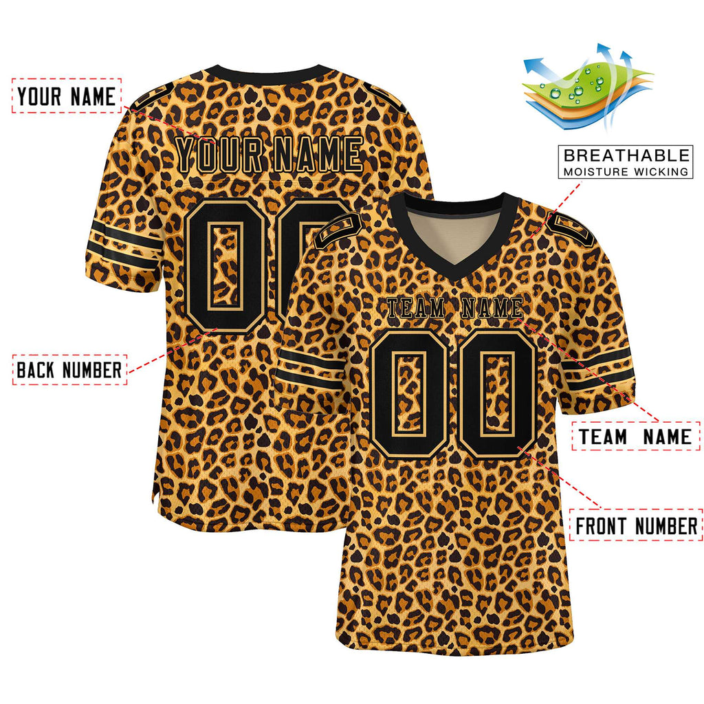 Custom Black-Old Gold Leopard Mesh Authentic Football Jersey