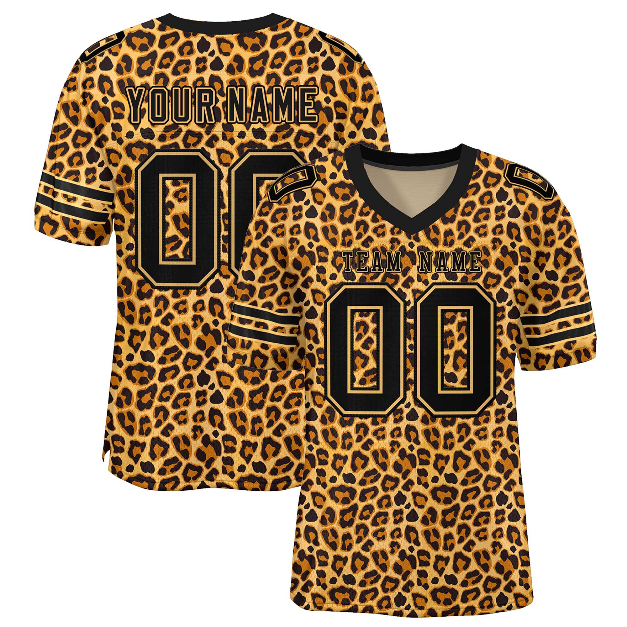 Custom Black-Old Gold Leopard Mesh Authentic Football Jersey