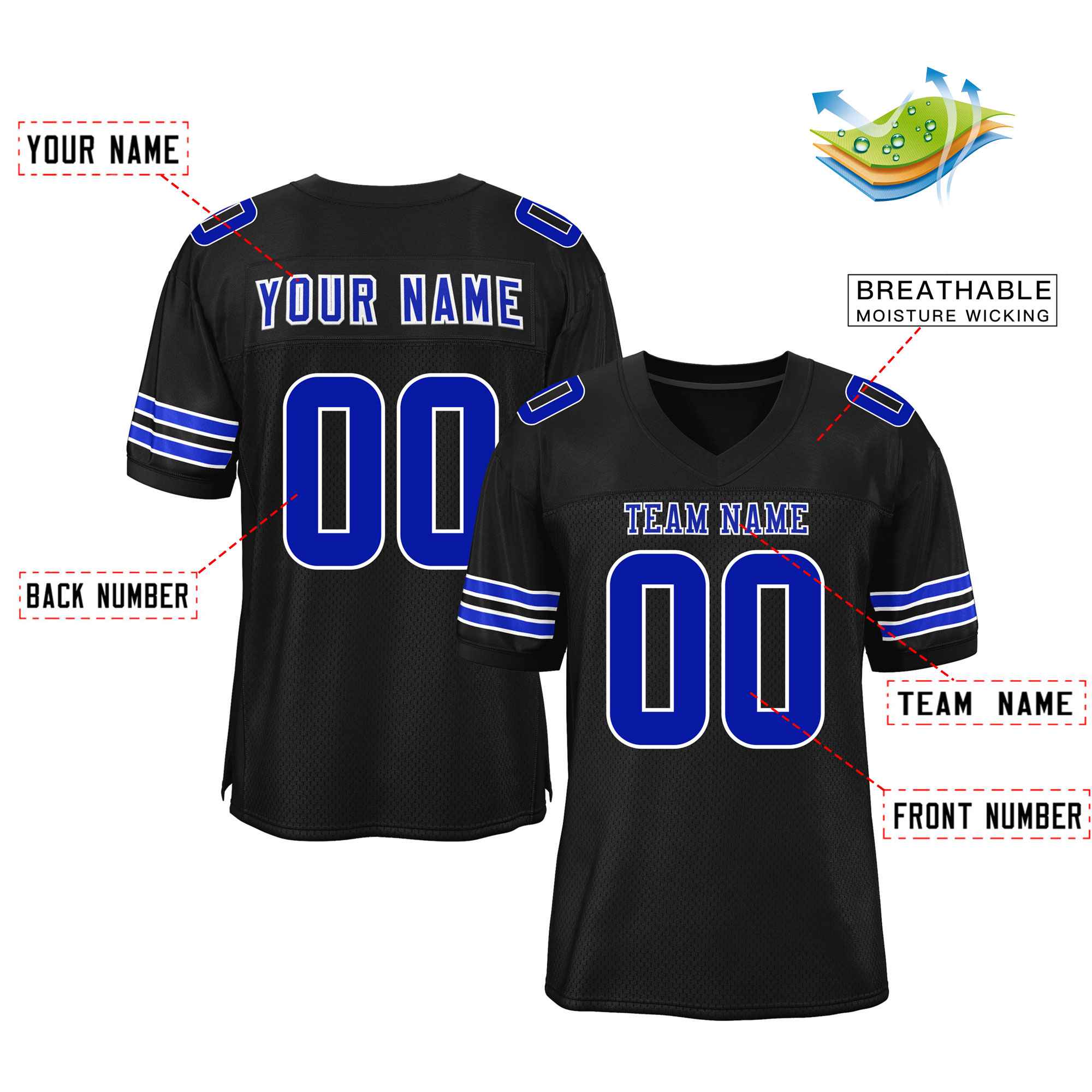 Custom Black Royal Classic Style Mesh Authentic Football Jersey Secondary image