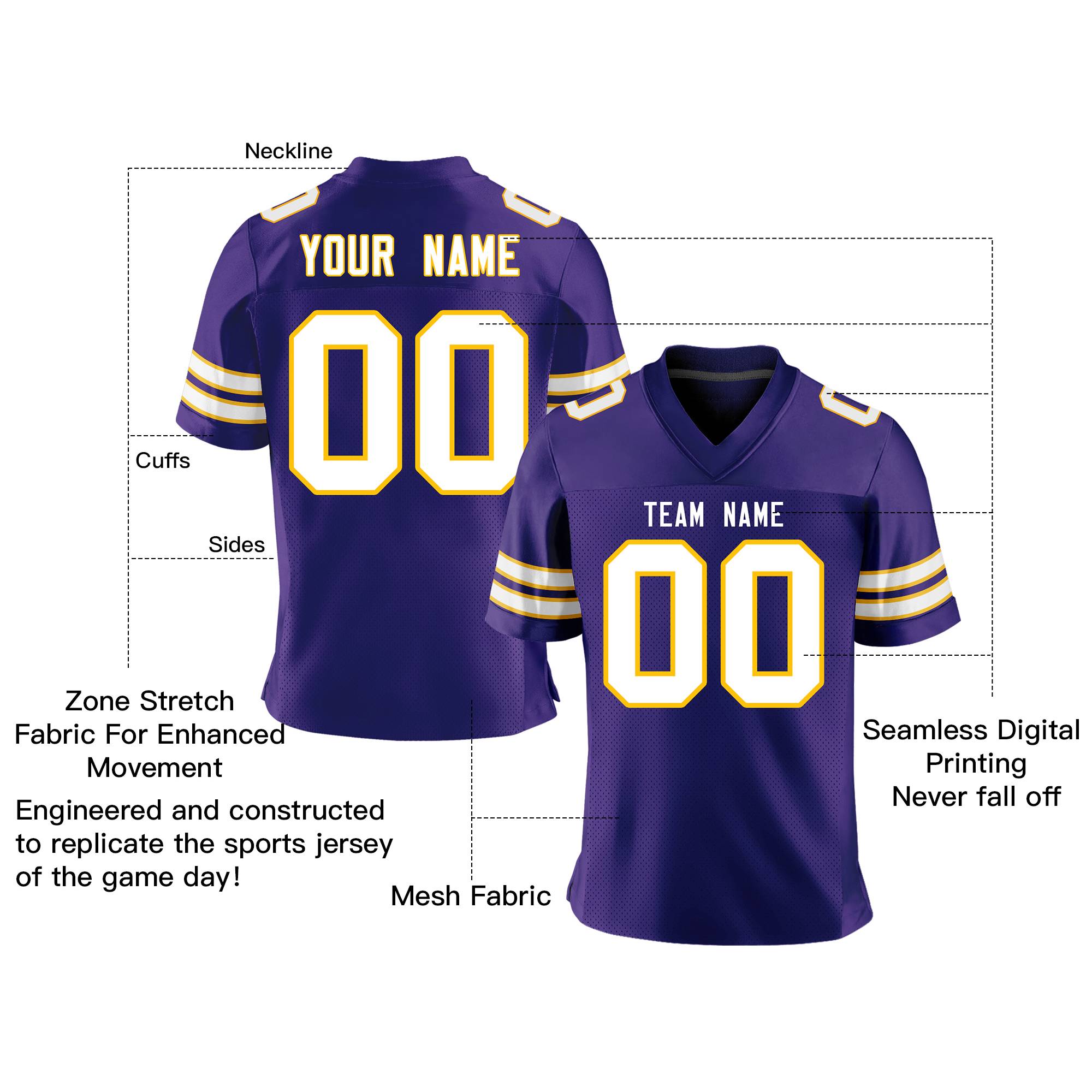 Custom Purple White-Gold Personalized Classic Mesh Authentic Football Jersey Secondary image