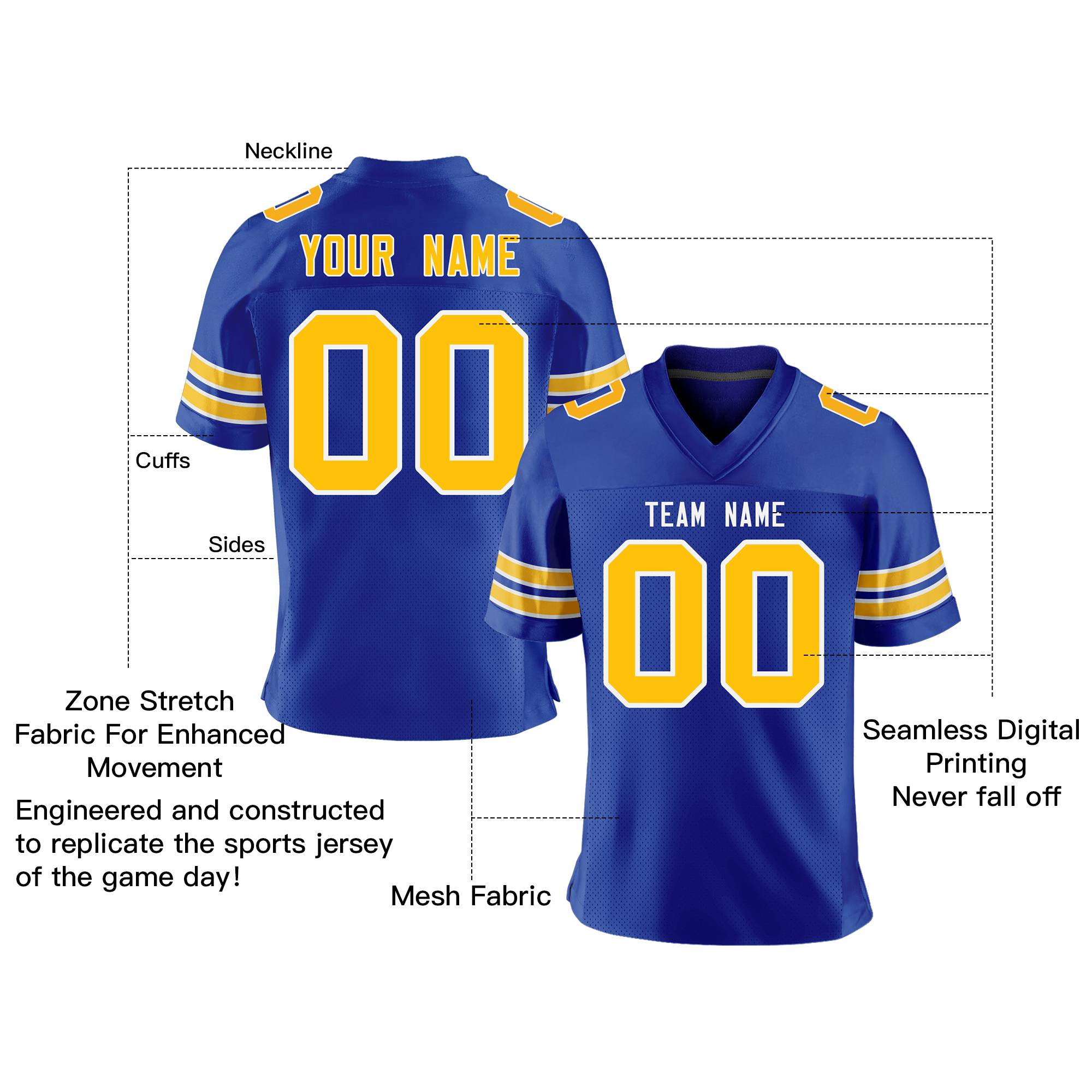Custom Royal Gold-White Personalized Classic Mesh Authentic Football Jersey Secondary image