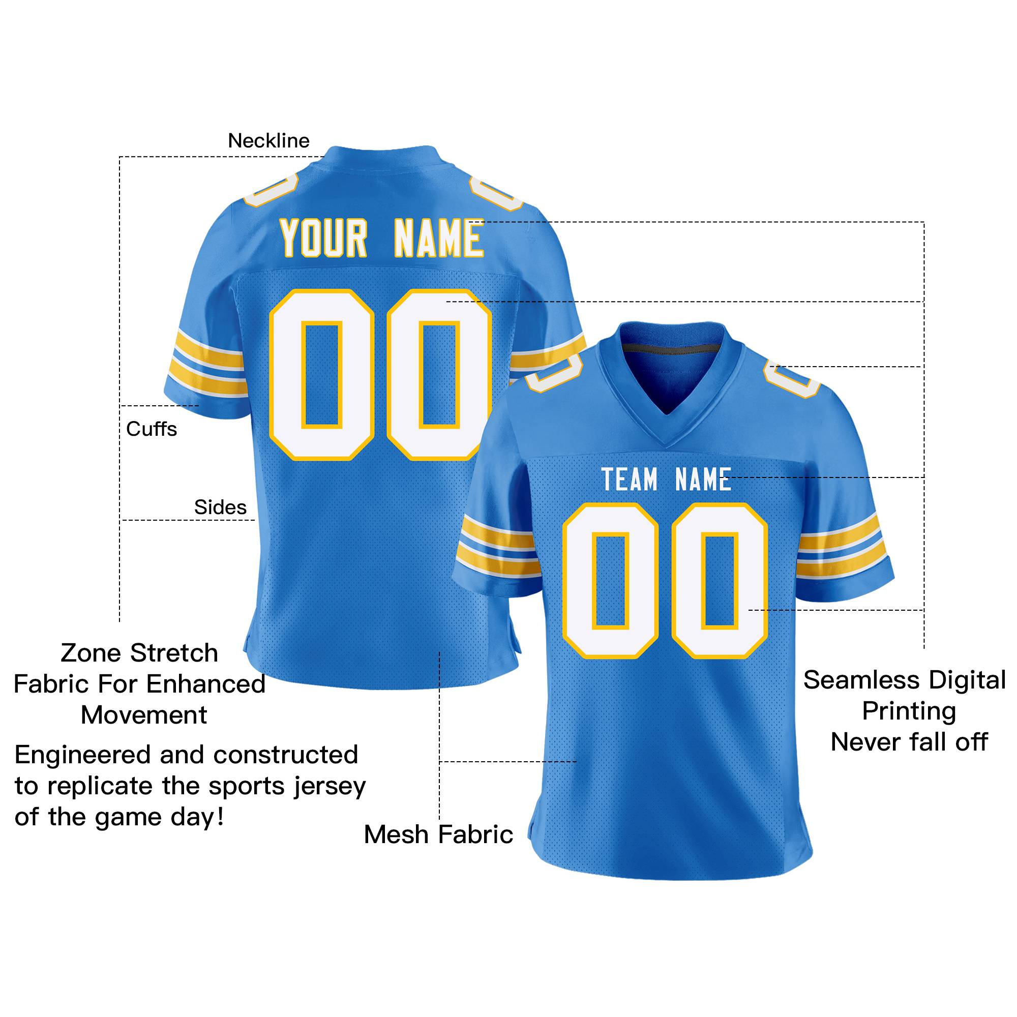 Custom Powder Blue White-Gold Personalized Classic Mesh Authentic Football Jersey Secondary image