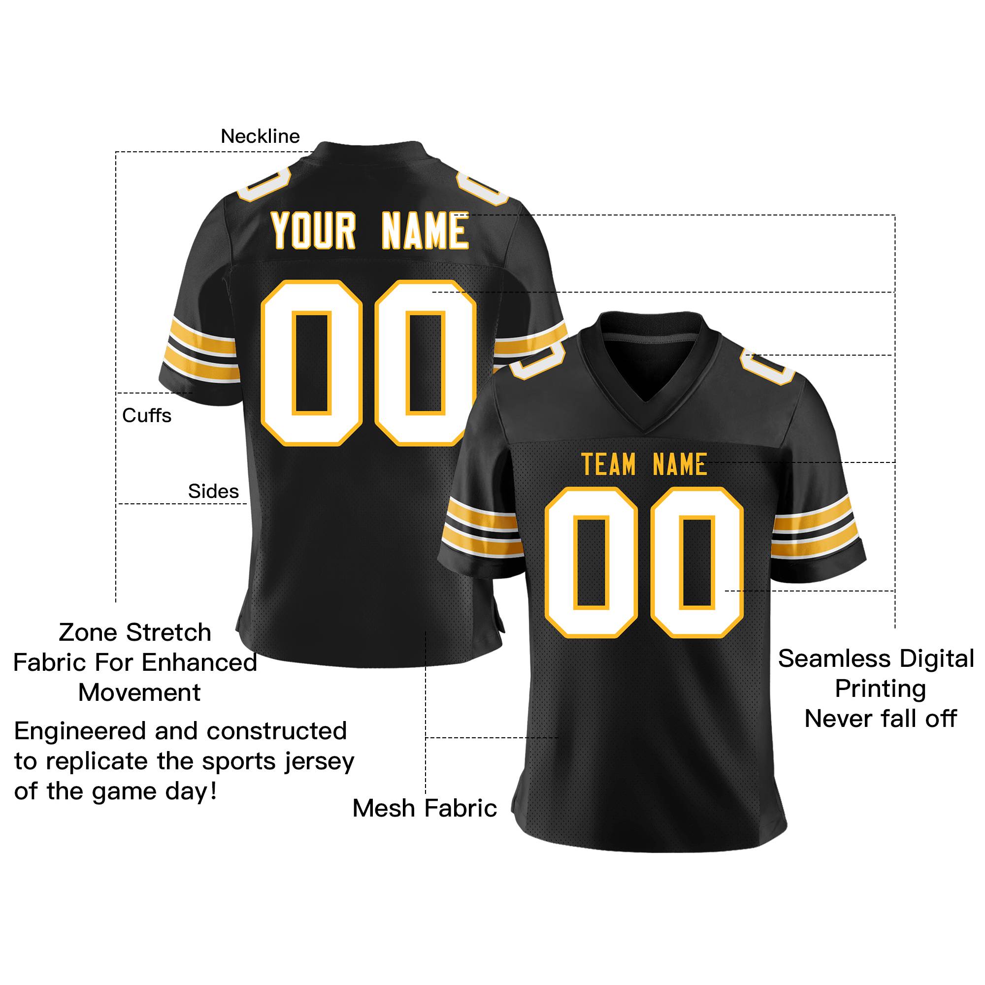 Custom Black White-Yellow Personalized Classic Mesh Authentic Football Jersey Secondary image