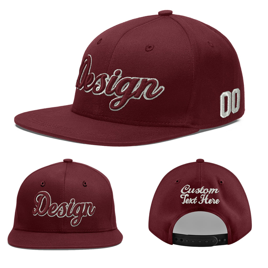Custom Burgundy 3D Puff Embroidery Flat Embroidery Casual Sport Baseball Cap