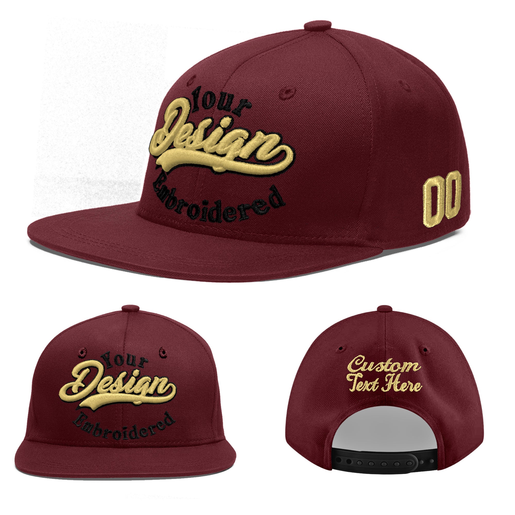 Custom Burgundy 3D Puff Embroidery Flat Embroidery Casual Sport Baseball Cap