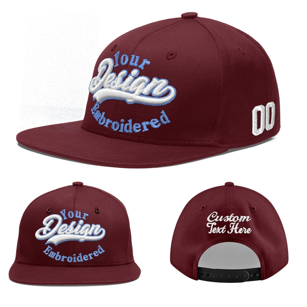 Custom Burgundy 3D Puff Embroidery Flat Embroidery Casual Sport Baseball Cap
