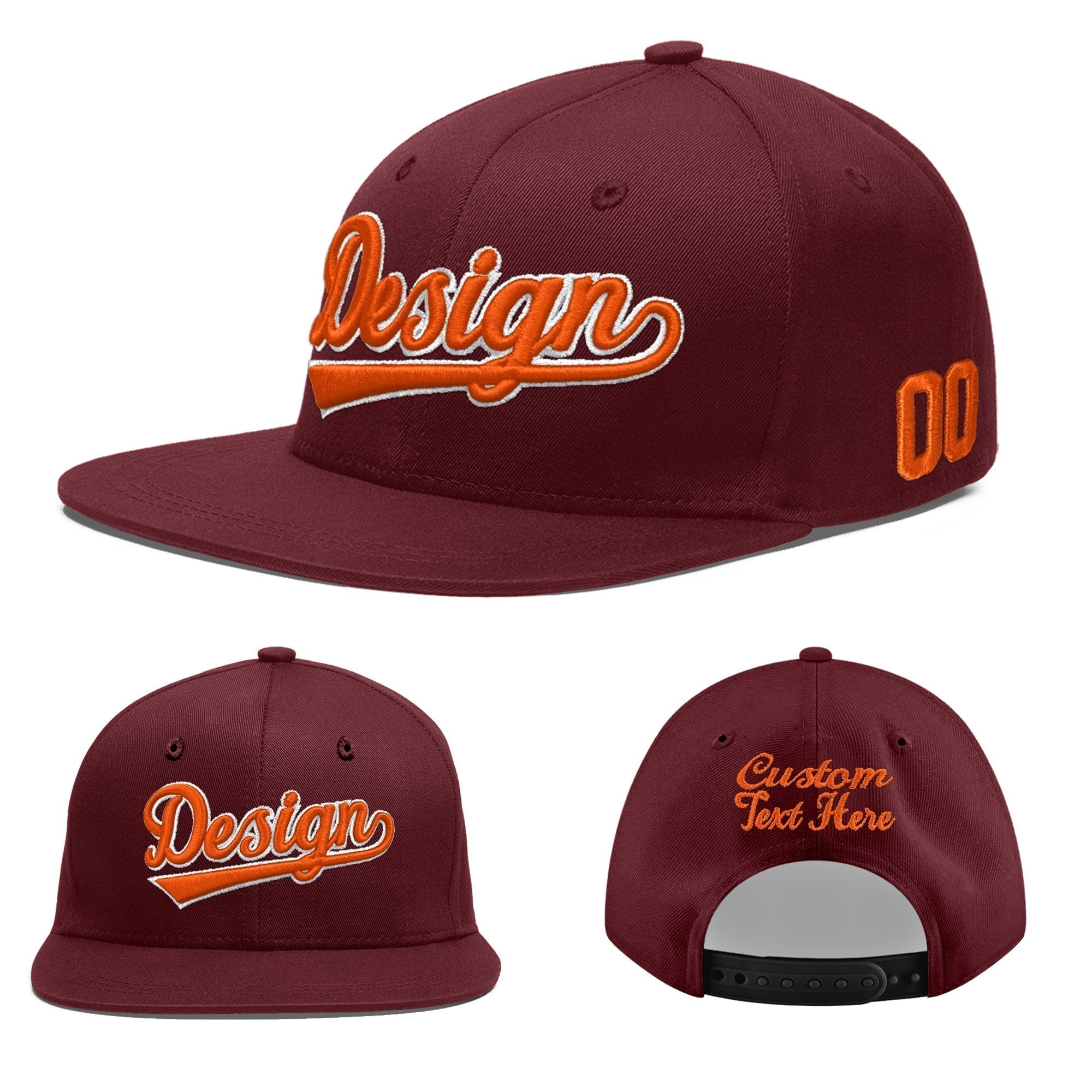 Custom Burgundy 3D Puff Embroidery Flat Embroidery Casual Sport Baseball Cap