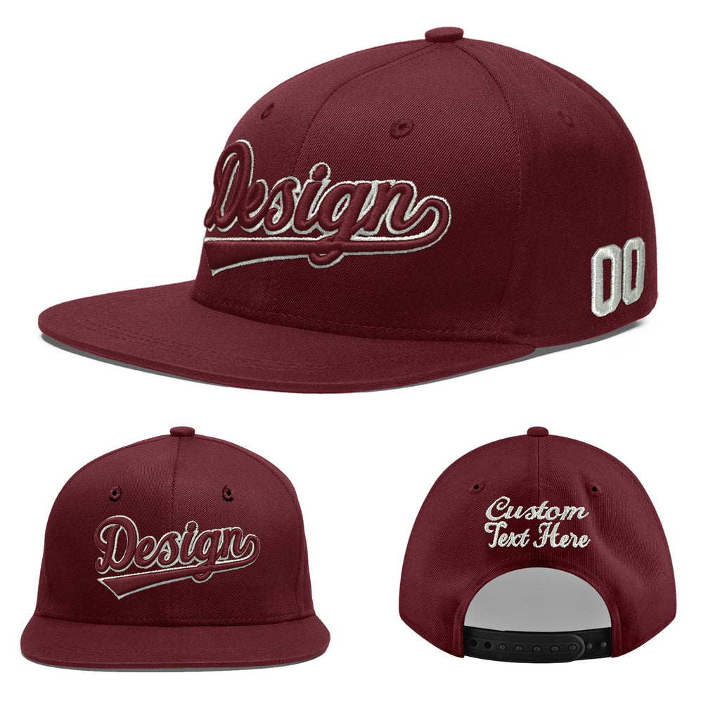 Custom Burgundy 3D Puff Embroidery Flat Embroidery Casual Sport Baseball Cap