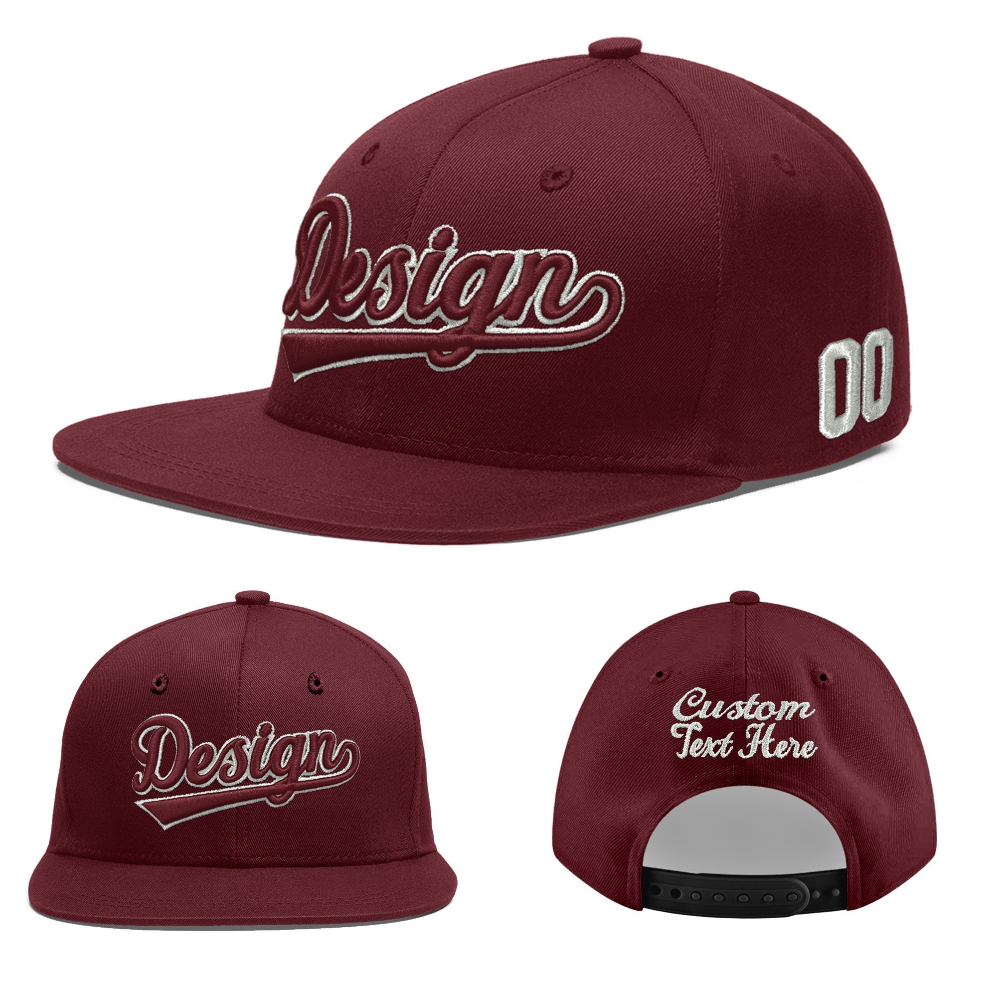 Custom Burgundy 3D Puff Embroidery Flat Embroidery Casual Sport Baseball Cap