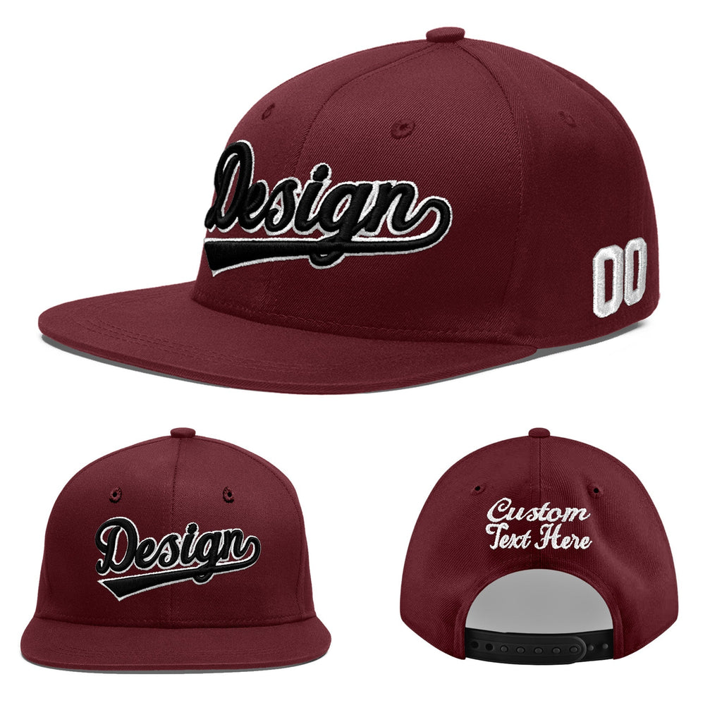 Custom Burgundy 3D Puff Embroidery Flat Embroidery Casual Sport Baseball Cap