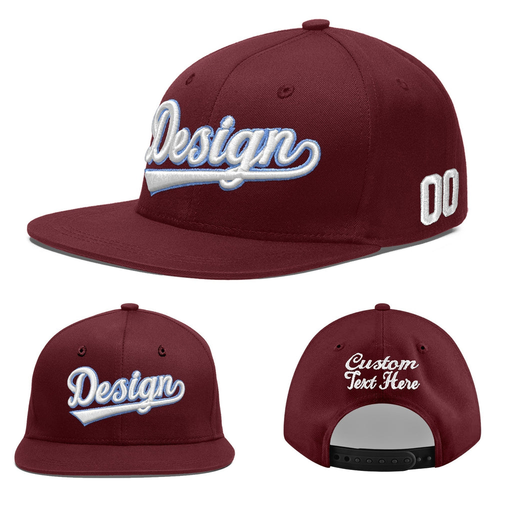 Custom Burgundy 3D Puff Embroidery Flat Embroidery Casual Sport Baseball Cap