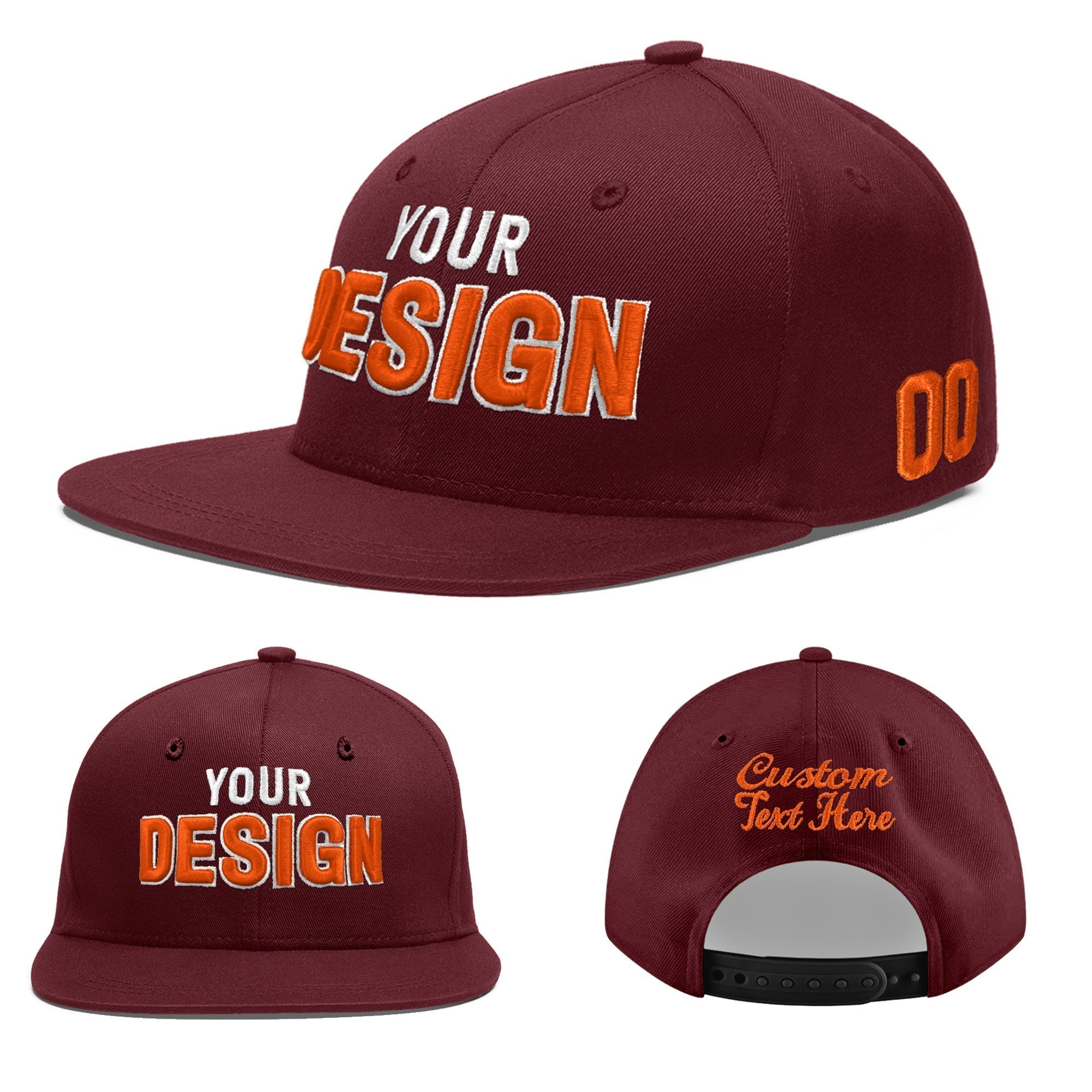 Custom Burgundy 3D Puff Embroidery Flat Embroidery Casual Sport Baseball Cap