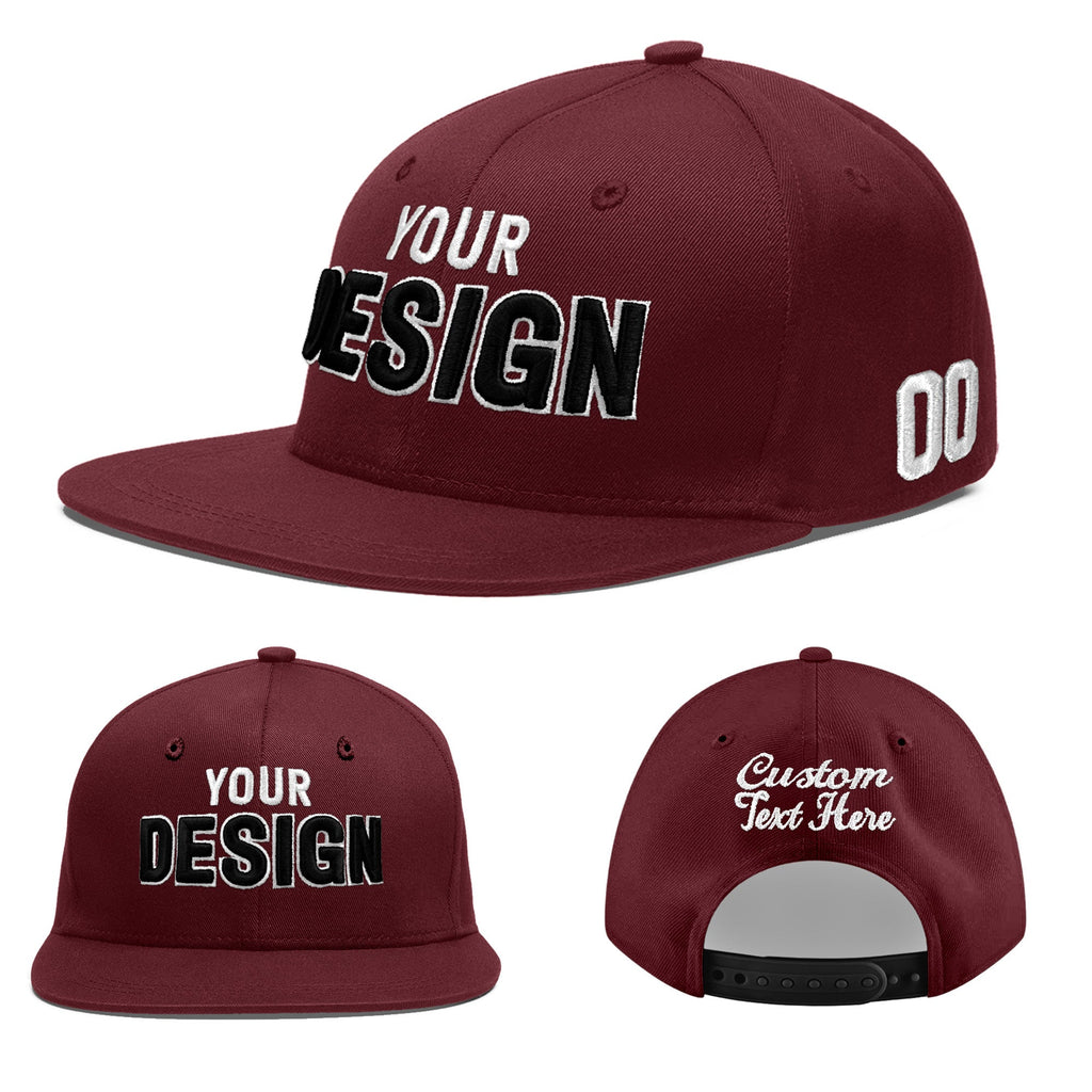 Custom Burgundy 3D Puff Embroidery Flat Embroidery Casual Sport Baseball Cap