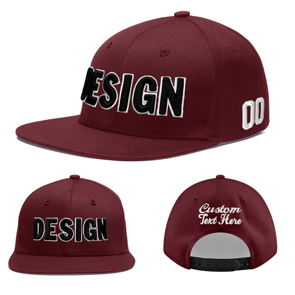 Custom Burgundy 3D Puff Embroidery Flat Embroidery Casual Sport Baseball Cap