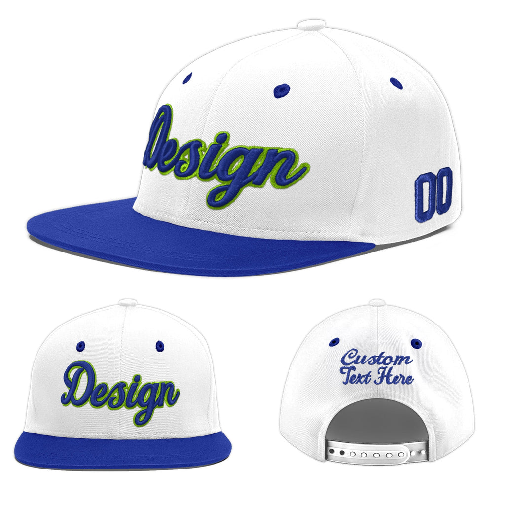 Custom White Royal Blue 3D Puff Embroidery Flat Embroidery Casual Sport Baseball Cap