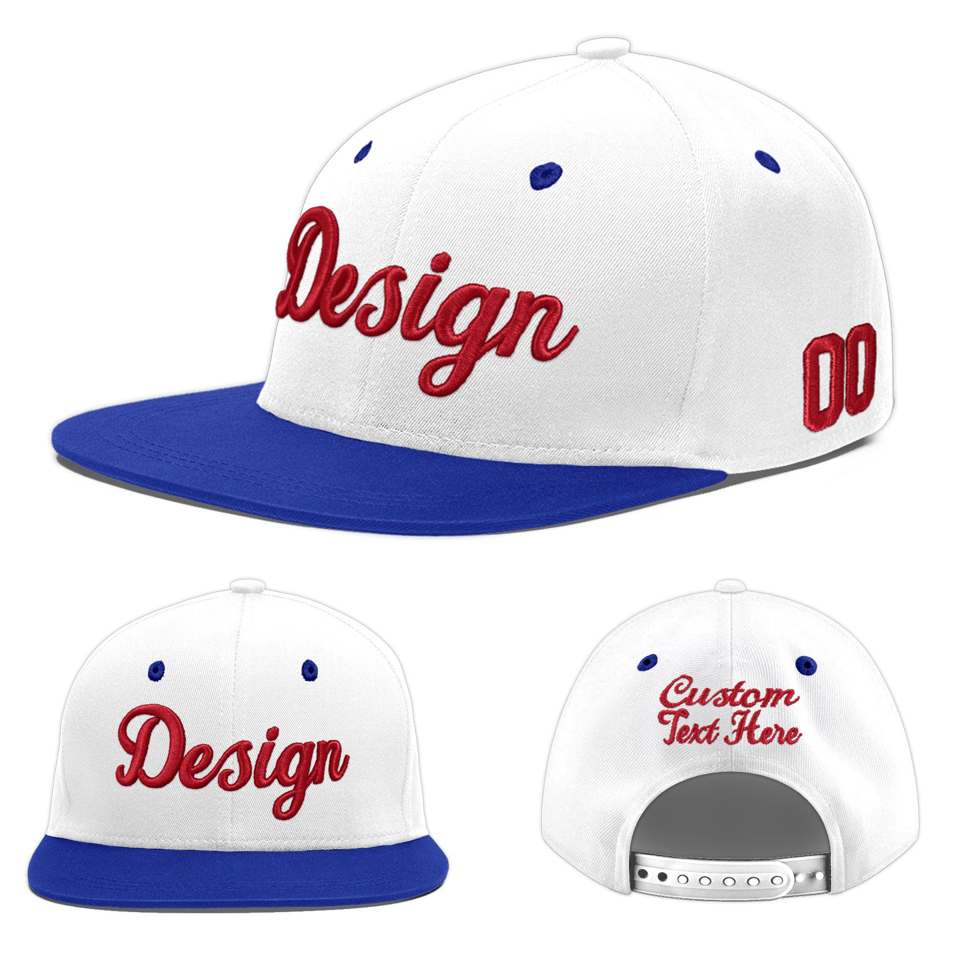 Custom White Royal Blue 3D Puff Embroidery Flat Embroidery Casual Sport Baseball Cap