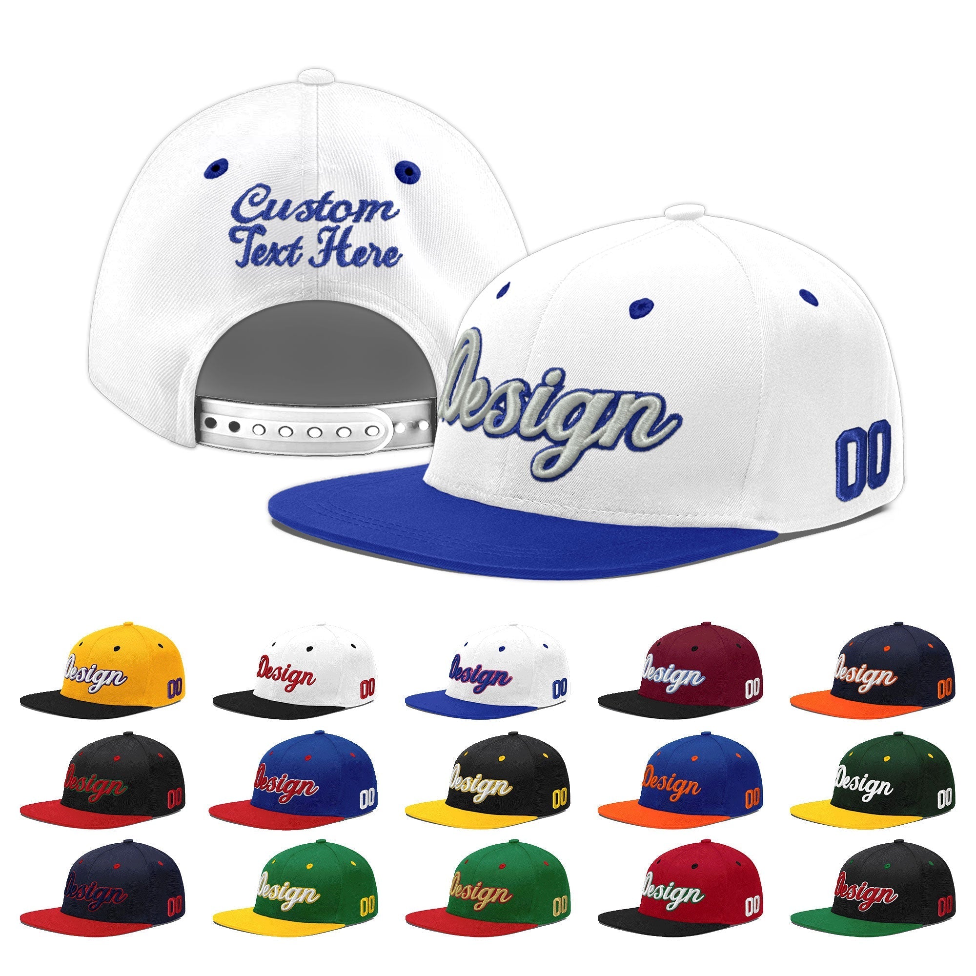 Custom White Royal Blue 3D Puff Embroidery Flat Embroidery Casual Sport Baseball Cap
