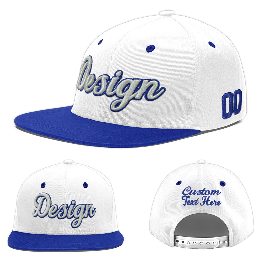 Custom White Royal Blue 3D Puff Embroidery Flat Embroidery Casual Sport Baseball Cap