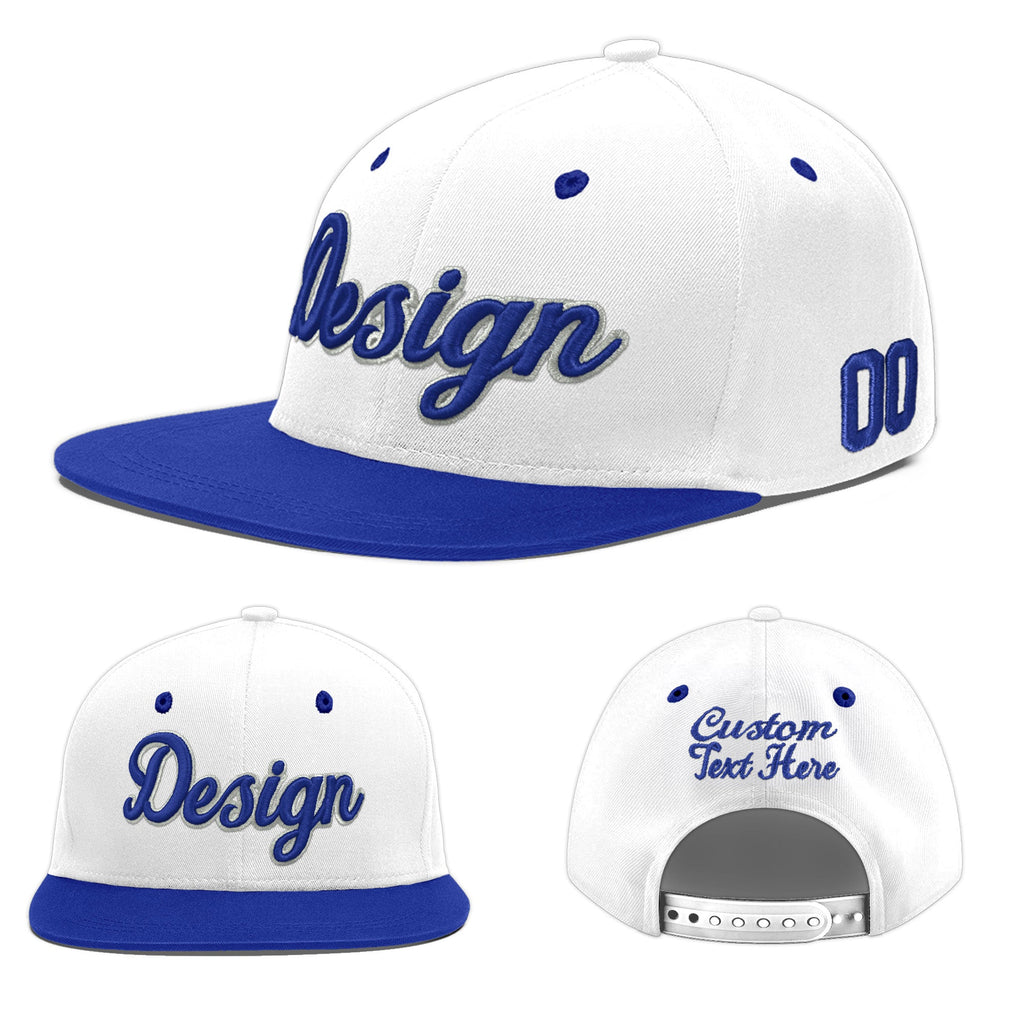 Custom White Royal Blue 3D Puff Embroidery Flat Embroidery Casual Sport Baseball Cap