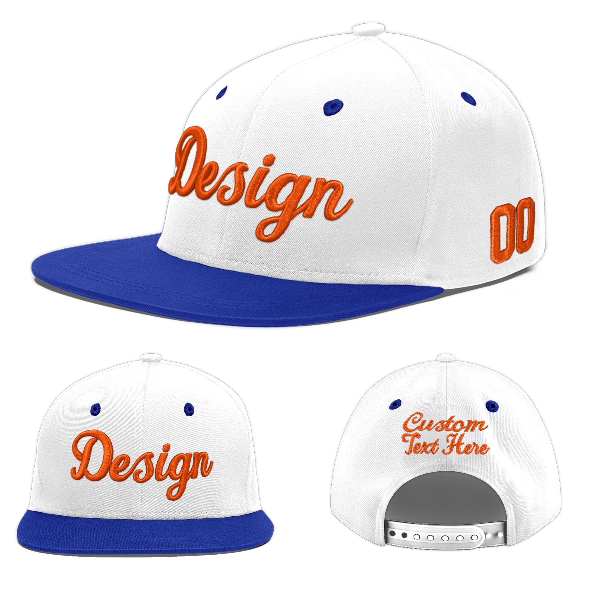 Custom White Royal Blue 3D Puff Embroidery Flat Embroidery Casual Sport Baseball Cap